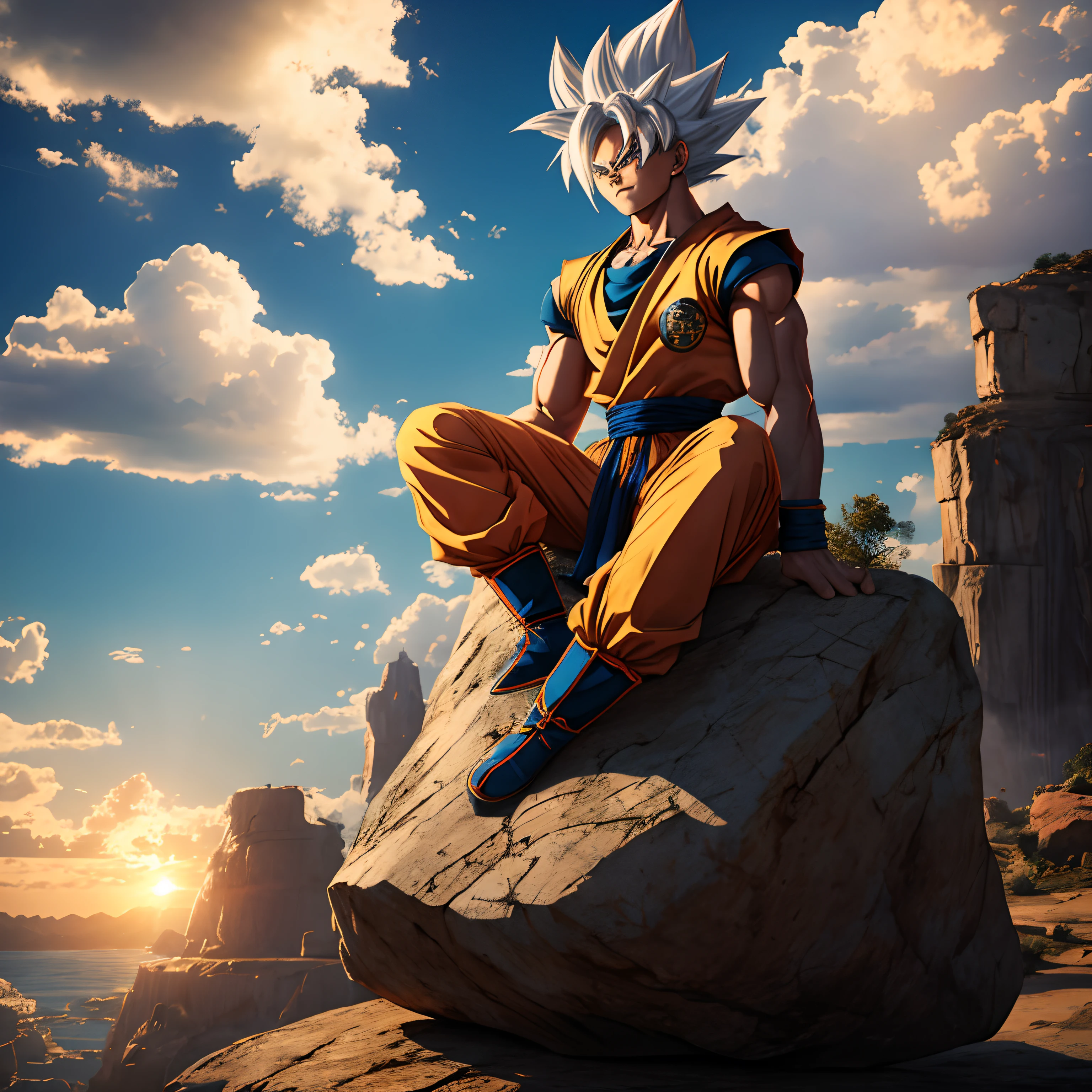 Goku, sitting on a rock, golden armor, white hair, epic sky