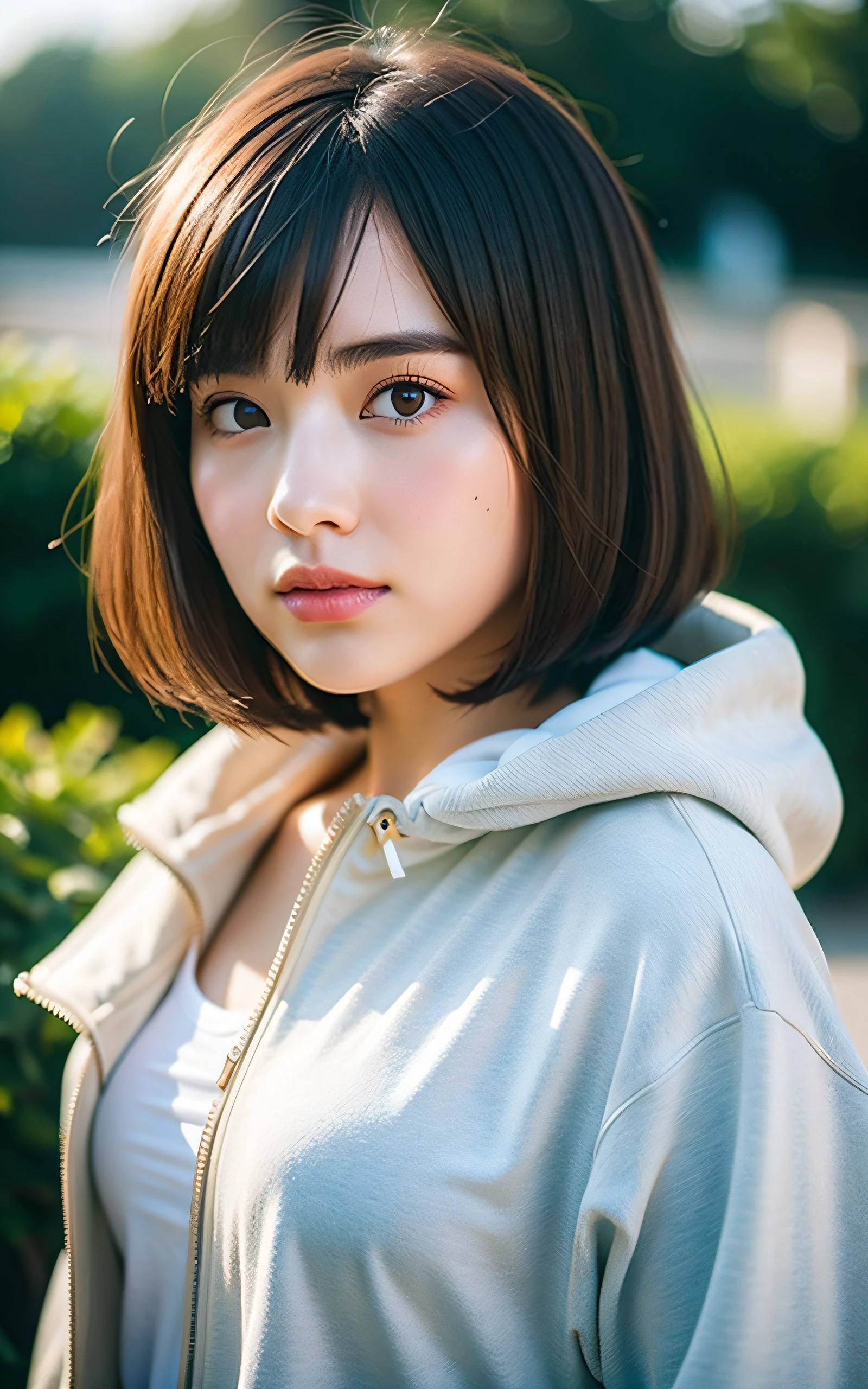 masterpiece, Best Quality, 8K, 1girl, Correct human hands, correct human fingers, japanese girl, face closeup, Cute, Girly, Delicate girl, Neat and clean beauty, medium breast, luminescence, Looking away, Raw photo, F/1.8, 135 mm, NIKON, Anatomically correct, bokeh，Textured skin, Professional Photography, Portrait, Soft light, Professional Lighting, back light, Film grain, (Eyes and faces with detailed:1.0), brown hair, short hair swaying in the wind, bangs, hoodie jacket
