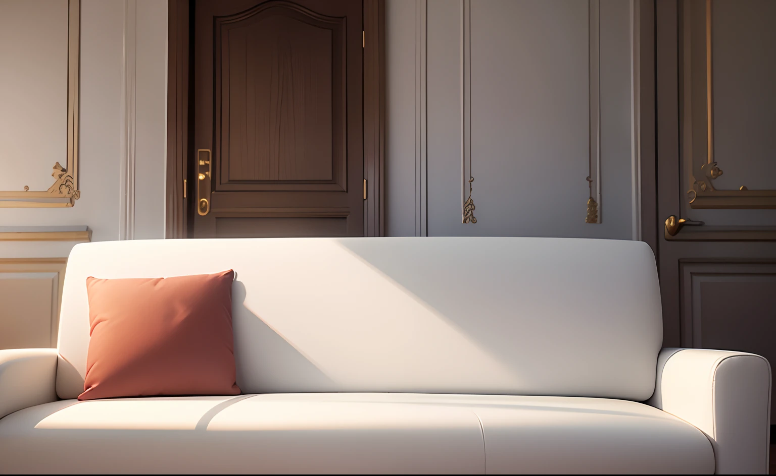 Real-world scenarios,White European furniture,A very long sofa,Warm background,frontage,Take photos up close
