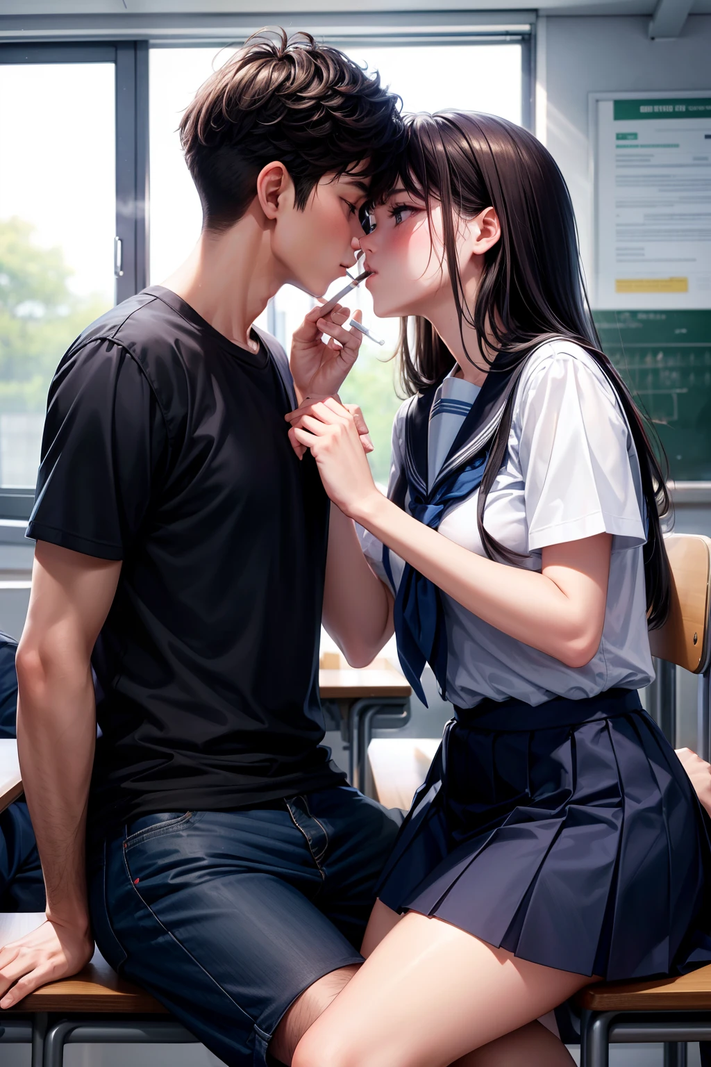 girl and boy kissing in class, in school uniform, smoking, 8K, absurdres, high res, ultrahd