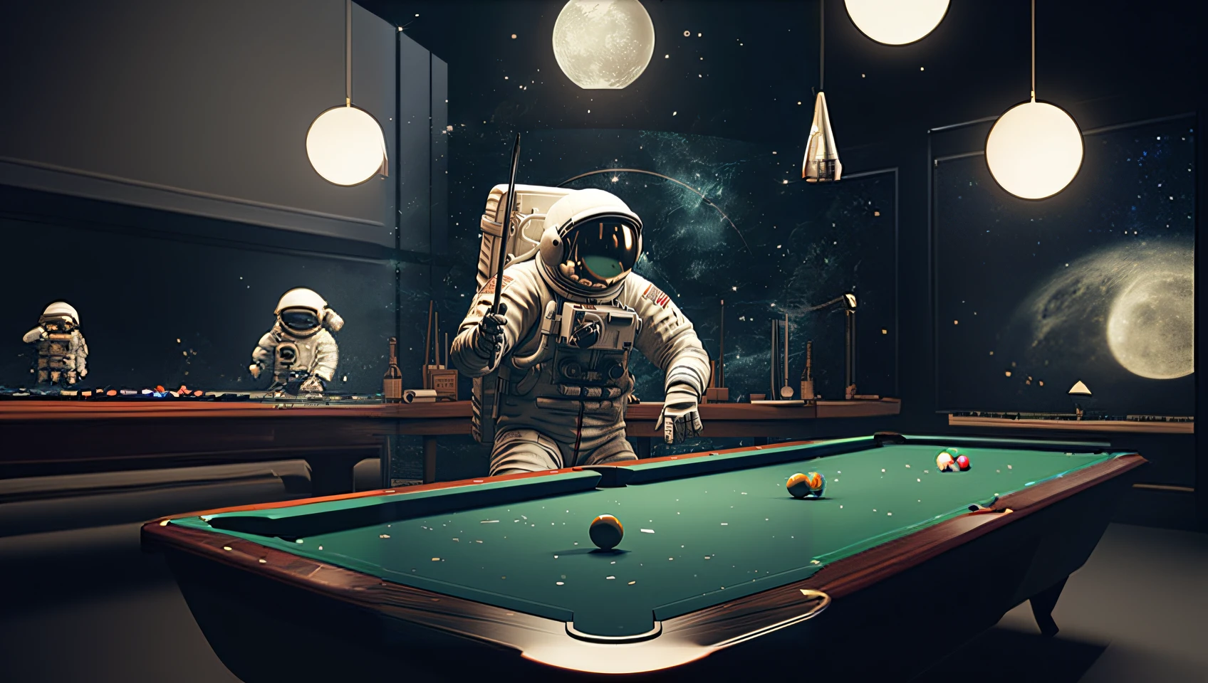 Astronaut playing billiards in a dark room with a full moon, inspired by Mike Winkelmann, beeple masterpiece, Astronaut, Billiard room, detailed astronaut, Beeple e Tim Hildebrandt, in the style of beeple, beeple |, beeple artwork, beeple daily art, beeple and mike winkelmann