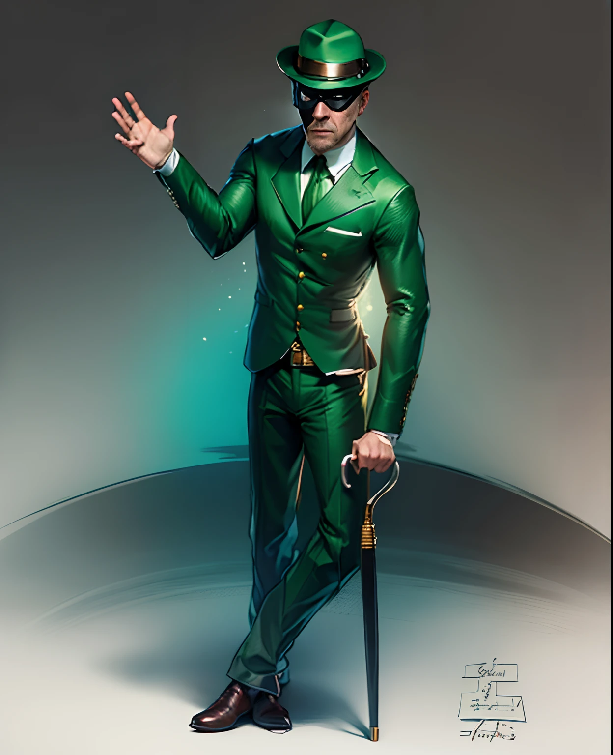 masterpiece, high quality images, high detailed images, high detailed faces, perfect faces, Realistic drawing of a man in a green suit and green coconut hat, wearing a green mask over his eyes, cavanhaque ruivo apenas no queixo,  with a cane with a question mark handle, professional sketch, a suited man in a hat, inspirado por Joseph Clement Coll, personagem do universo do Batman, CHARADA!!! posando para arte conceitual, inspirado em Stan Stokes, inspirado em George Grosz, a pencil sketch, desenho de caracteres, dynamic perspective pose, man standing, design de personagens do mundo do filme noir, um retrato do personagem, Charada com luvas verdes em um pub, inspirado por Jim Lee, Fantastic Art, 8k