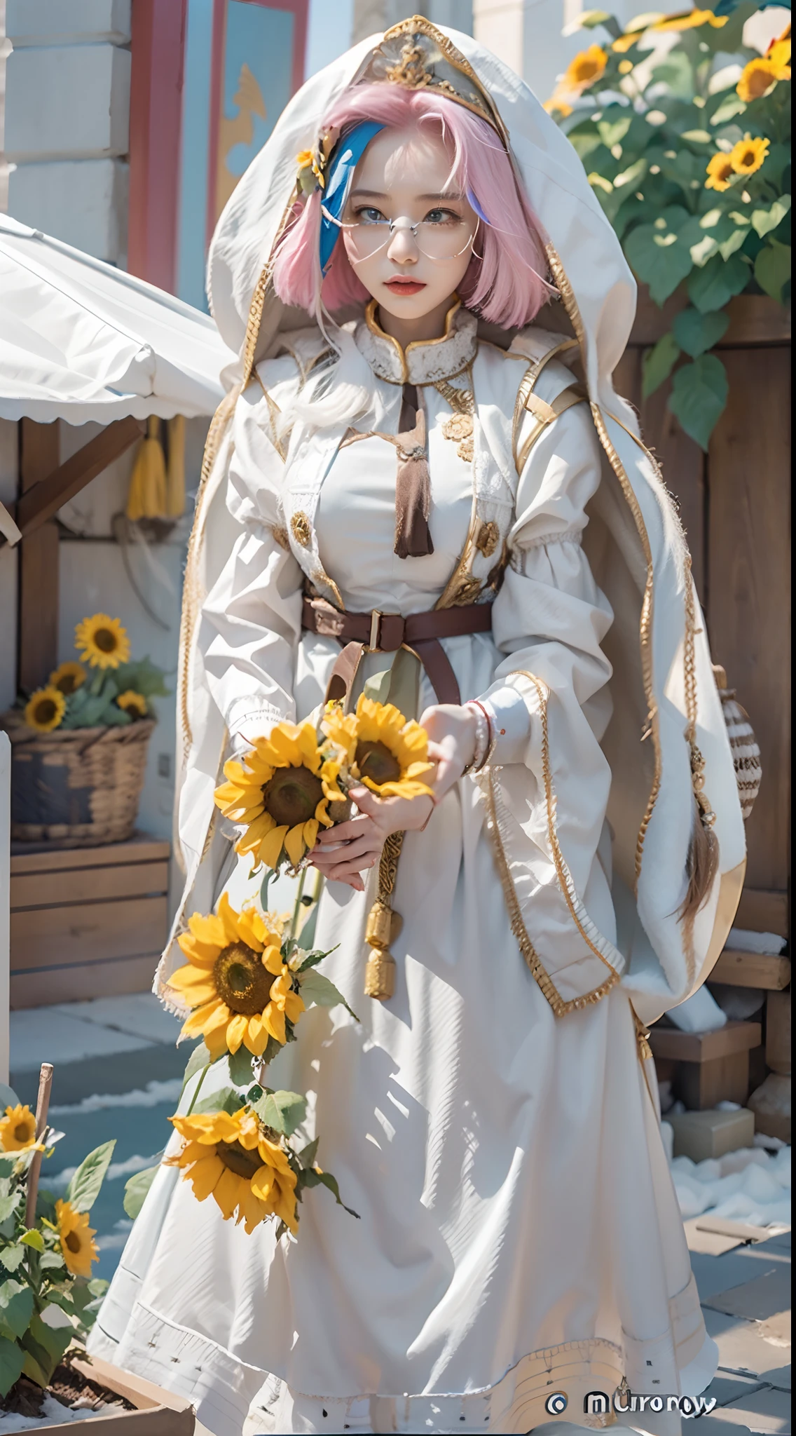 In a very grand scene，The extra-large wide-angle lens captures the appearance of a female centaur。She is a Sunflower Worship nun，Always opposed（Healing emoji smiley face of knitted sunflower puppet😊：99.99）DOA。She is tall，It has the ultimate curvy beauty，The muscles are slender and firm，Beautiful lines。She has（Super huge sky blue eyes：99.99）、always（Wearing sexy glasses：6.66）、（She wears solemn nun attire：9.9）、Stepping on a boot-style skyscraper-heel、A pink cross hangs on his chest。Use Midjourney's advanced tools，Designed for female centaurs（A knitted sunflower puppet and create a super healing cartoon smiley face in the center of the flower tray as a decoration：9.9），and noble and solemn nun costumes，and highlight her unique physiological characteristics and appearance details，Add realism。And in the context of her prayers and listening to confessions，Spectacular views of nature，Such as the sky where storms and sunny days alternate、Brilliant rivers of stars and auroras、The snow-capped summit of Mount Everest、Fireworks in the mountain town, etc。ao mesmo tempo，Away from the hustle and bustle next to the chapel，Create a fantastic scene。Use Midjourney's advanced tools and multiple color palettes、Brush Strokes、Texture tools and model packages，It shows a sense of atmosphere where beauty and charm coexist。The charm of the female centaur is highlighted through color and lines，Enhance realism with detailing，Create a surreal dreamy feeling。Additionally，Use Midjourney's tools to add various exorcism props and books to the female centaur、pergaminhos，Create intricate hairstyles and outfits，Give her a sense of premium。She never flinches，No matter what monster you encounter，can respond quickly，Even the most extreme armies of natural disasters and monsters could not stop her and her front（Sunflower with Tyndall effect that emits sunlight9.99）。Use Midjourney's powerful tools，You can do it with incredible detail and beauty，Bring this ultra-grand and beautiful scene to life。Ultra-grand sc