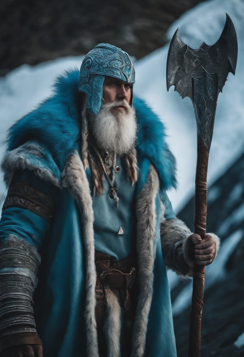 frost giant rune tribal head tattoos, ice blue beard, wearing a fierce polar bear skin hoodie, shoulder armor and holding an axe, high resolution film still, 4k, HDR color
