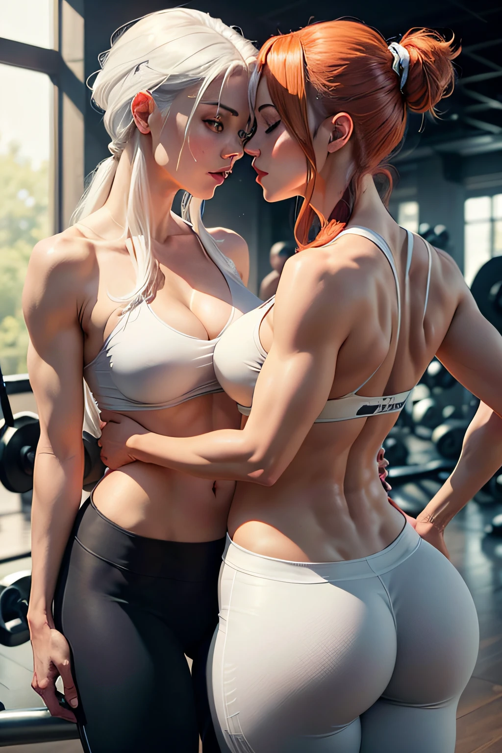 (a sexy lady with a white hair, topless, yoga pants), (in the gym, another woman, with auburn hair, kissing)