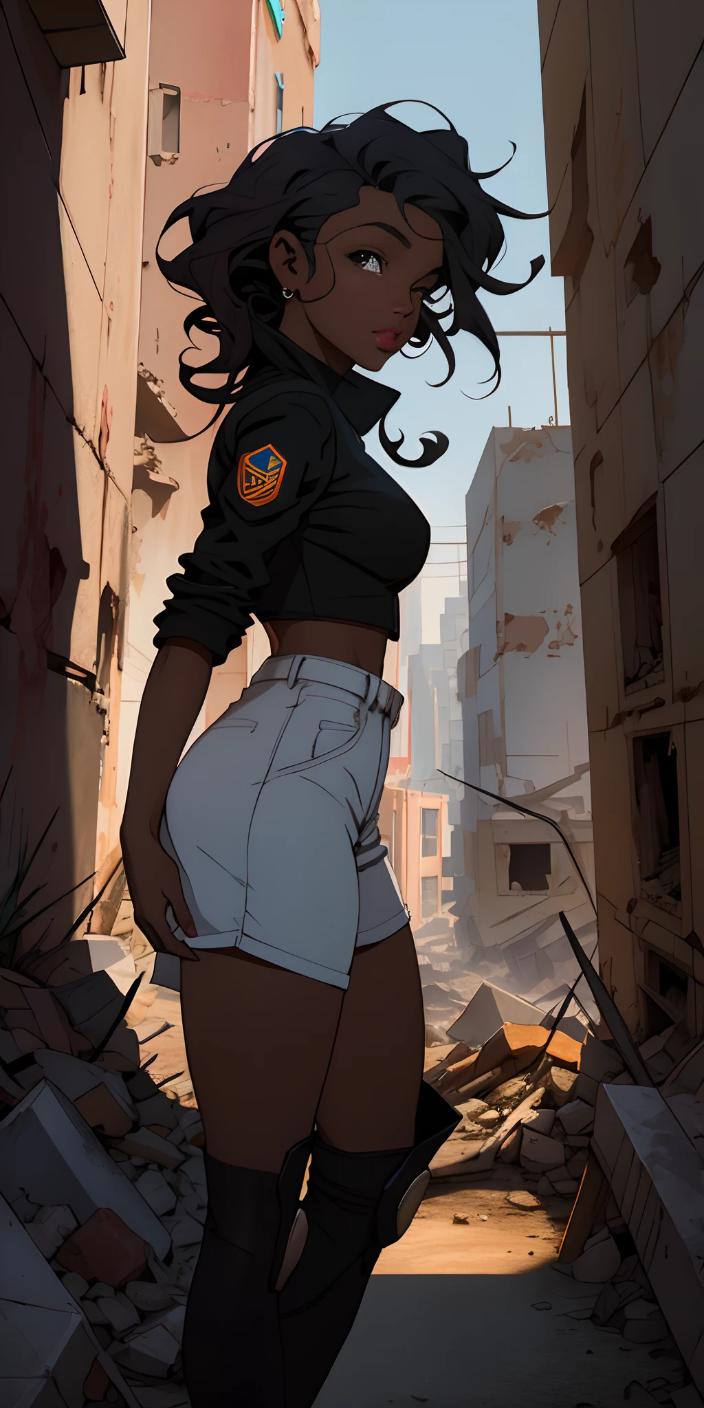Uma foto de retrato de perto de 30 y.o mulher negra em roupas de wastelander, corpo inteiro, corte de cabelo curto, pele negra, corpo magro, background is city ruins, (pele detalhada alta: 1.2), 8k uhd, dslr, soft-lighting, alta qualidade