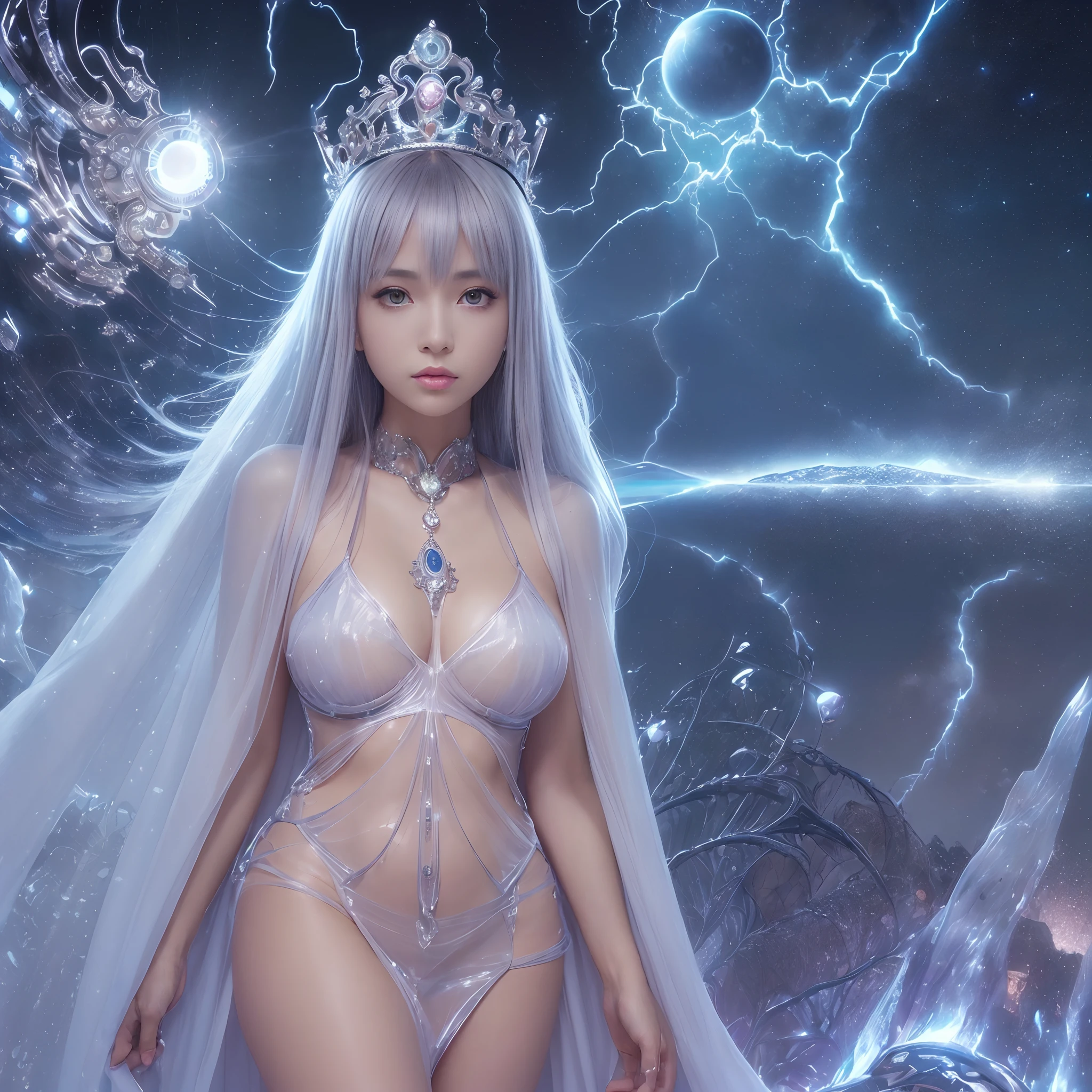 (((nffsw))), (((masutepiece))), (((8K))), (((hight resolution))), (((surrealism))), (((Cinematic lighting))), god rays, Zoom Layer, (((FULL BODYSHOT))), F/4.0, canon, Shiny skin,Detailed skin,Detailed face, Detailed eyes, Transparent Goddess, Transparent dress, Transparent skin, Transparent Palace, Transparent robe, Transparent tiara