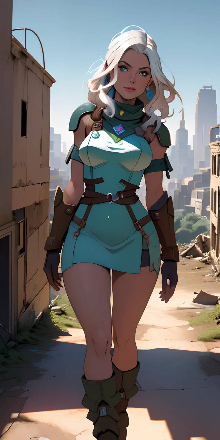(((pov))), Uma imagem de 30 y.o mulher em roupas de wastelander, ruivo, corte de cabelo curto, pale skinned, corpo magro, background is city ruins, (pele detalhada alta: 1.2), 8k uhd, dslr, soft-lighting, alta qualidade,