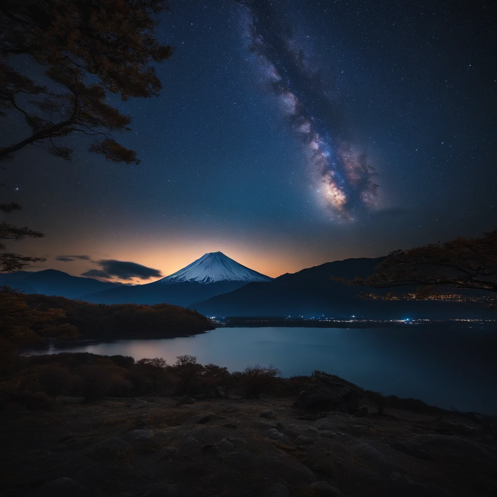 Master Parts、Superior Quality、superior image quality、The 8k quality、Beautiful pictures of the starry sky、magnifica、Arched Milky Way:1.9、Mt fuji、Blue glowing lake:1.9、snowscape:1.9