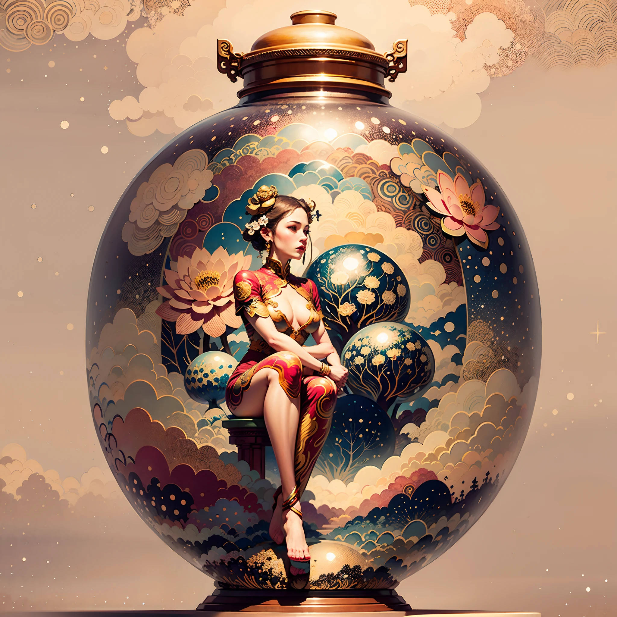 A colourful guanyin girl, sitting on a drangon head, lotus, pop art, nsfw, long legs, nsfw, full body, jar, sitting in meditation, eyes looking down