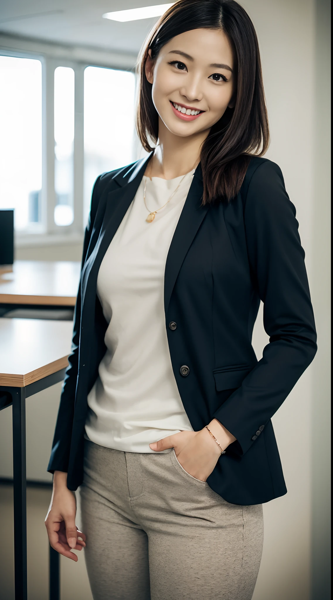 masutepiece, Best Quality, 超A high resolution,(photographrealistic:1.4) (depth of fields),(Lens Glow) , jaket:1.5、Inside the office:1.5、a Pretty Japanese woman:1.5、officeworker、Sexy buttocks:1.5、put hands on the hip:1.5、smil、Tight pants
