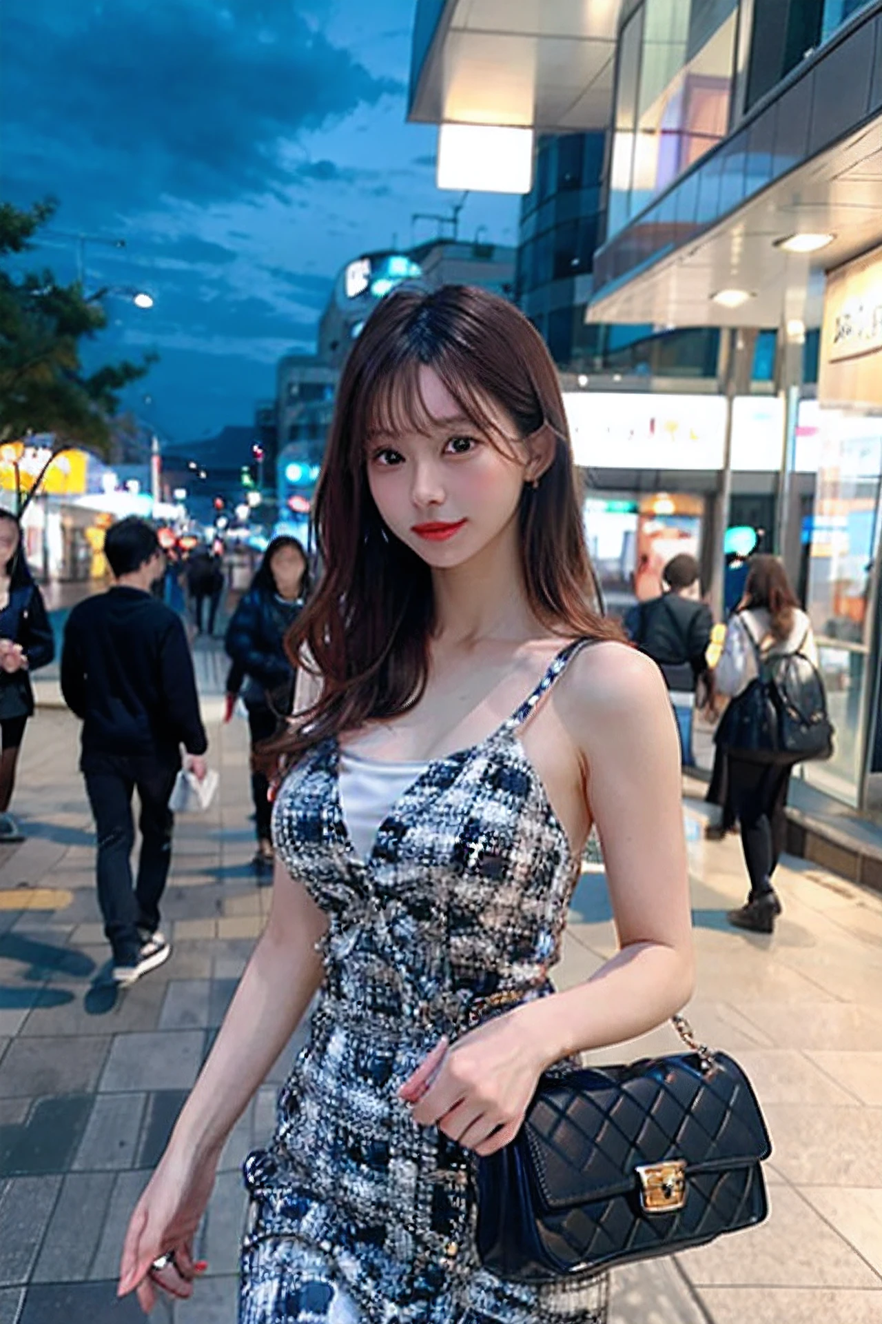 8K、Raw photography、realisitic、Photorealsitic:1.37、Hold your boyfriend's hand、Floating hair、well-shaped breasts、In front of the station at night、Have a small handbag