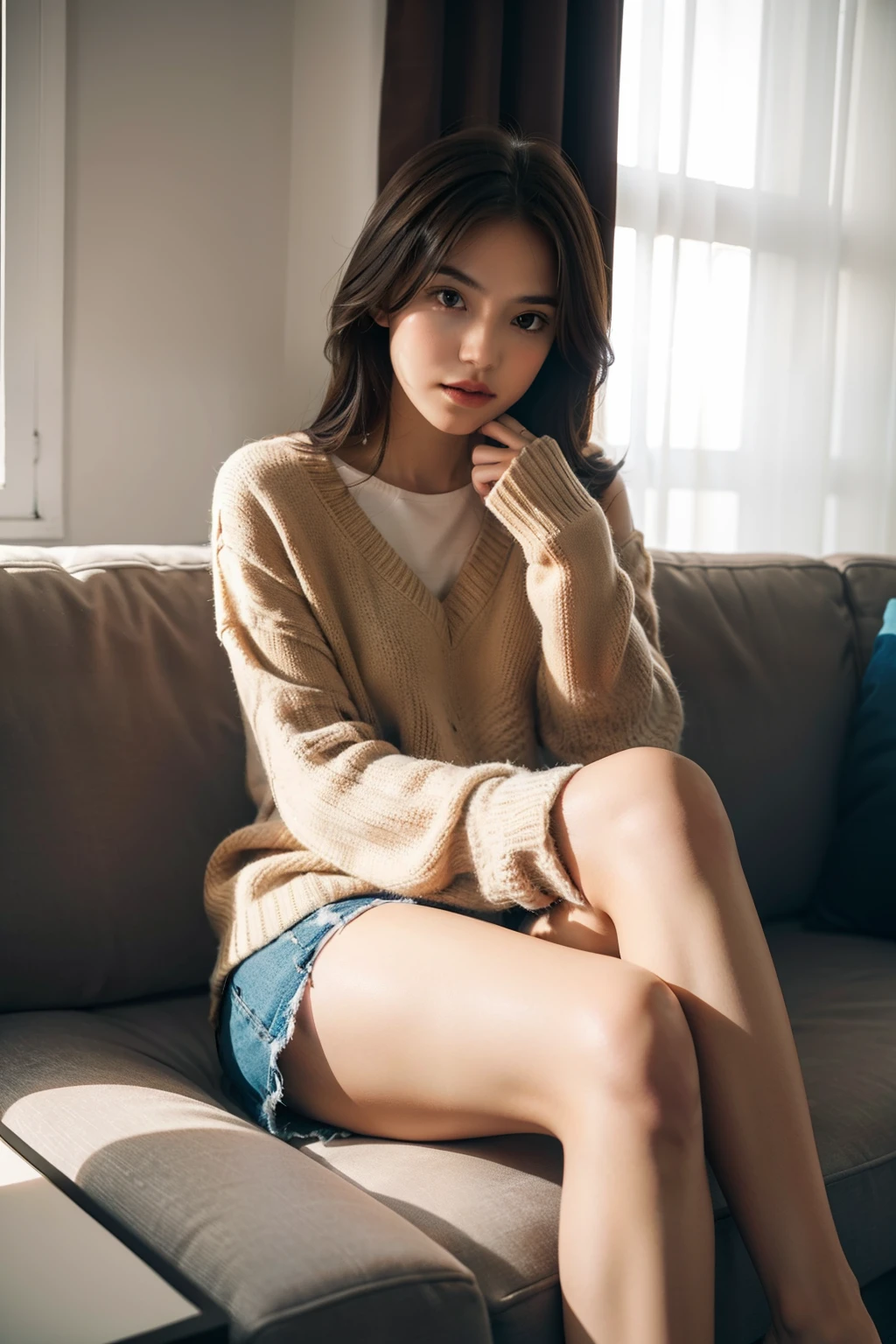 1girl,sitting on a cozy couch,crossing legs,soft light