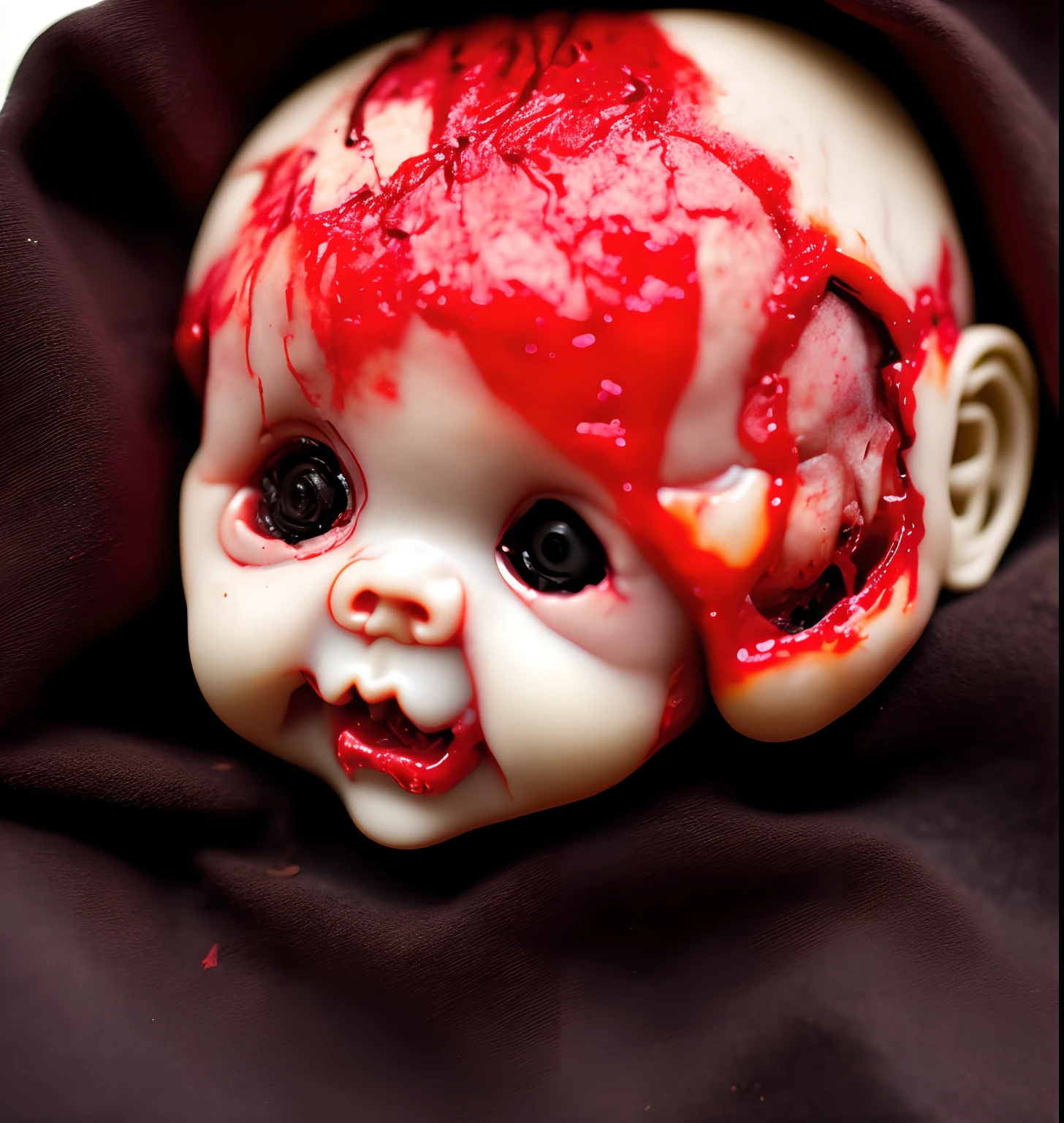 Burnt dead baby doll, flames, blood, gore, veins in teeth