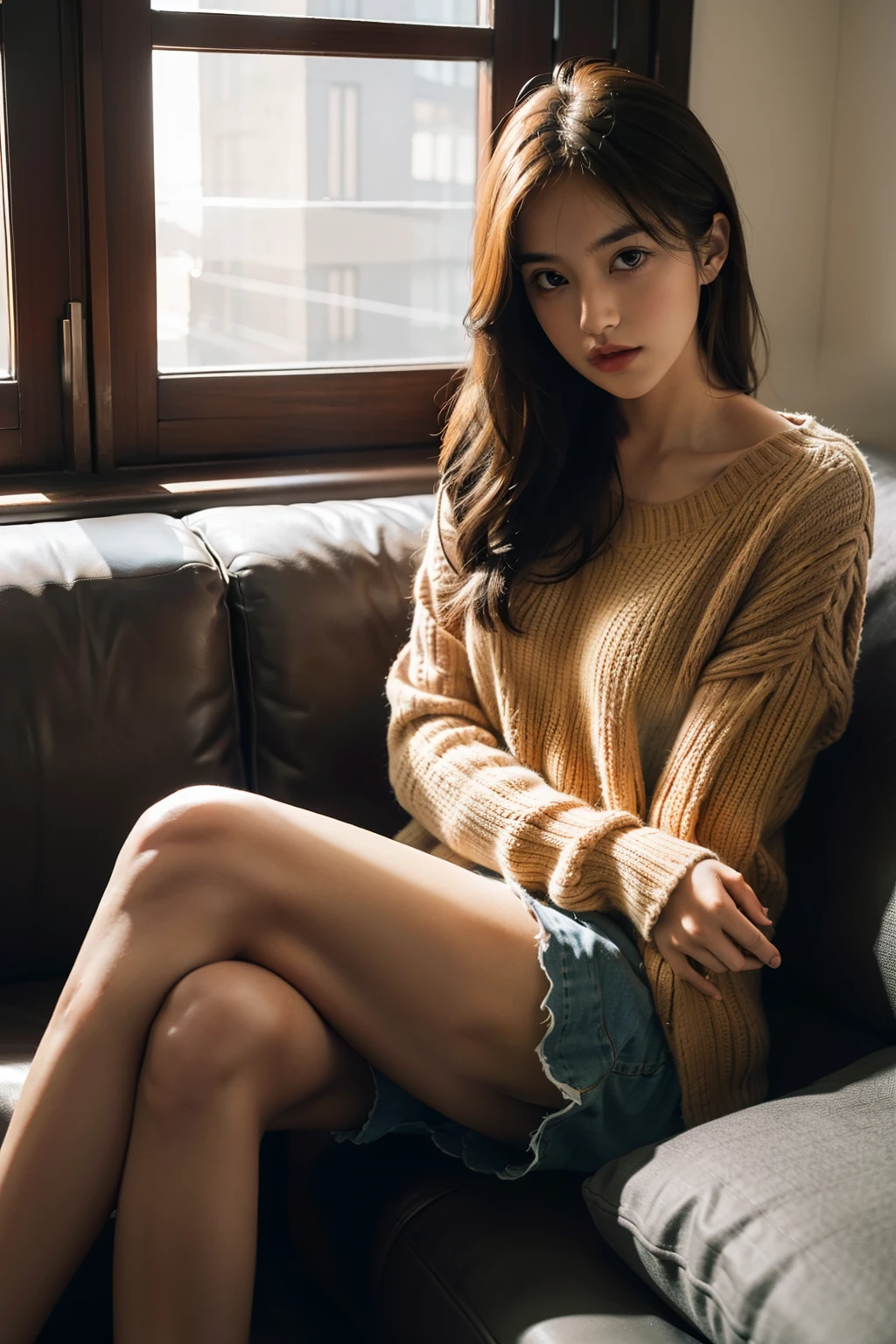 1girl,sitting on a cozy couch,crossing legs,soft light