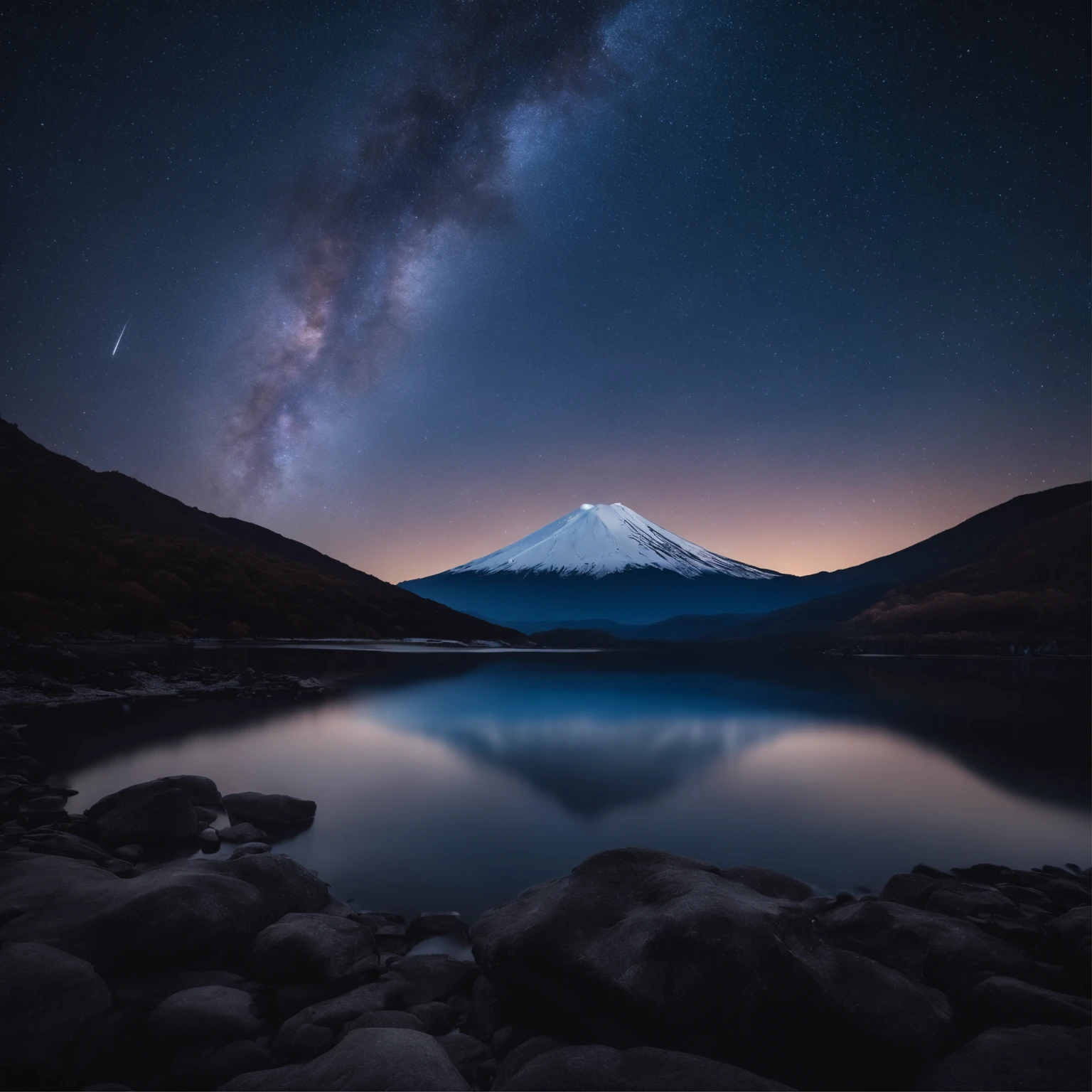 Master Parts、Superior Quality、superior image quality、The 8k quality、Beautiful pictures of the starry sky、magnifica、Arched Milky Way:1.9、Mt fuji、Blue glowing lake:1.9、snowscape:1.9