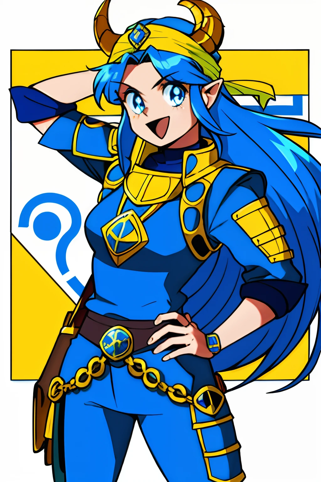 Cabelo azul ciano longo, dragon horns, Power rangr clothes, Anos 1990 \(estilo\), 1girl, :d, armadura, franja, seios, capa, elevador de capa, brincos, luvas, hand on hip, bandana, joias, cabelo longo, olhando para o espectador, boca aberta, cabelo laranja, olhos vermelhos , retro artstyle, armadura de ombro, sorriso, solo