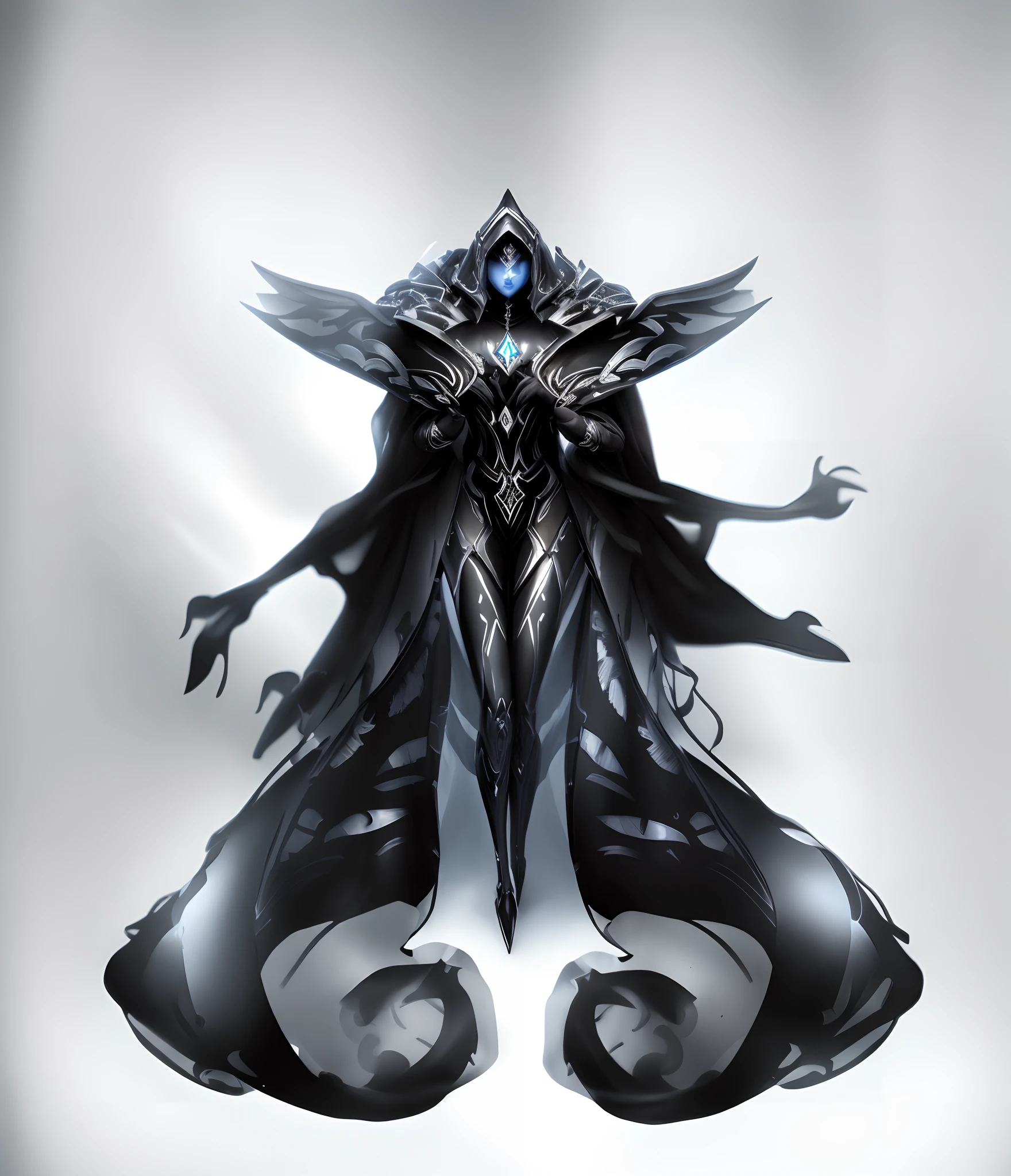 a black and white photo of a woman with wings on her head, rsrs, arte conceitual demon soul, Arte conceitual escura de alto contraste, symmetric concept art, demon noble character design, fanart warframe de alta qualidade, fanart detalhada do warframe, simetria!! arte conceitual, conceito de corpo inteiro, arte infestada de warframe, Fanart Warframe requintada