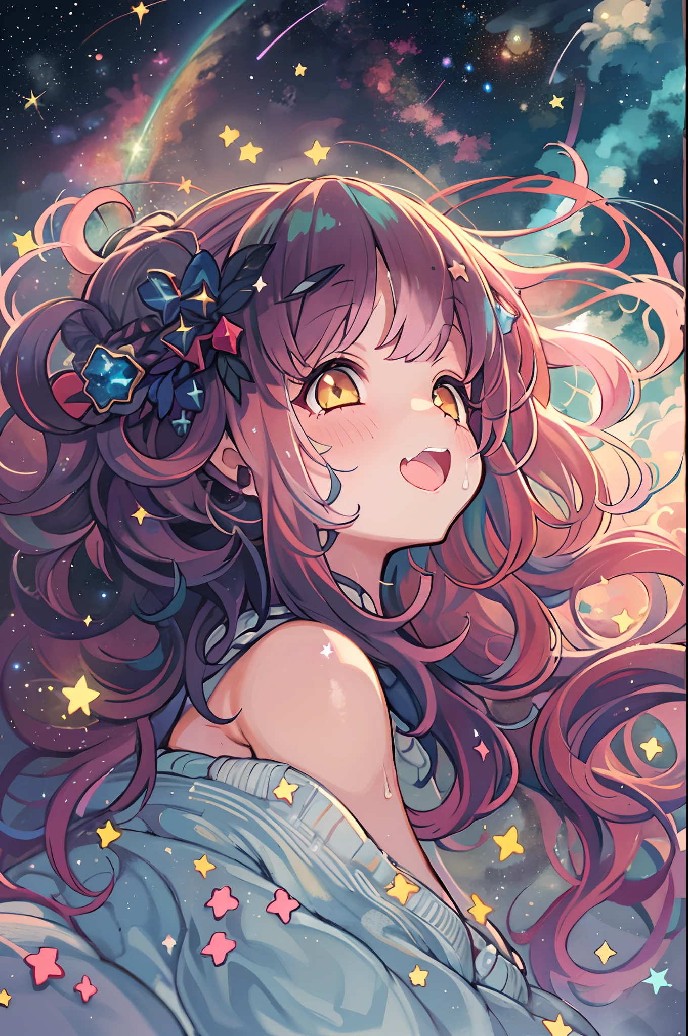 high detailing, Super Detail, 超A high resolution, Girl enjoying time in the galaxy of dreams, surrounded by stars, Warm light sprinkled on her, Starry sky with colorful galaxies and galactic clouds in the background, Stars flying around her, Delicate face, Add a playful atmosphere ,