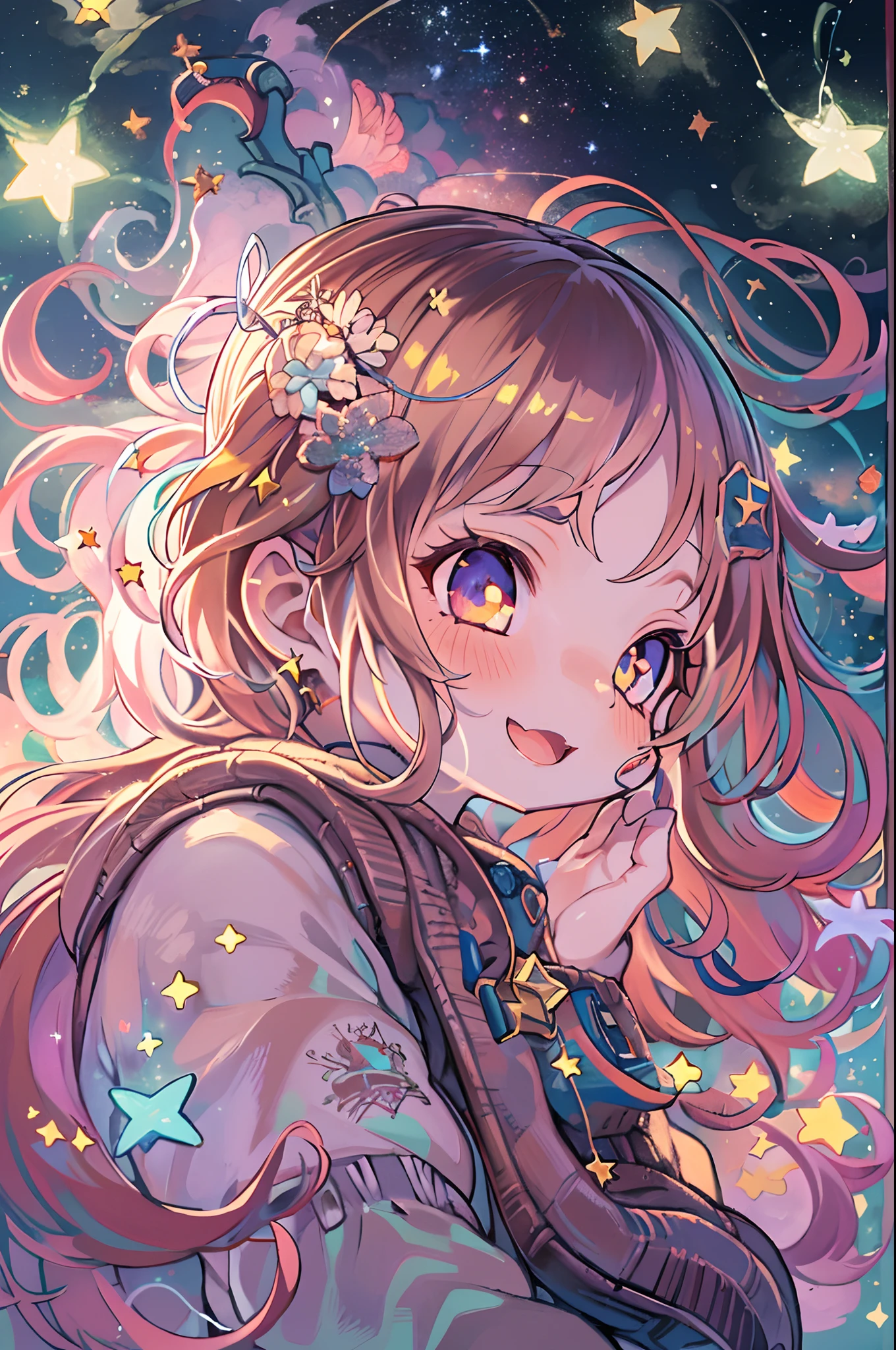 high detailing, Super Detail, 超A high resolution, Girl enjoying time in the galaxy of dreams, surrounded by stars, Warm light sprinkled on her, Starry sky with colorful galaxies and galactic clouds in the background, Stars flying around her, Delicate face, Add a playful atmosphere ,