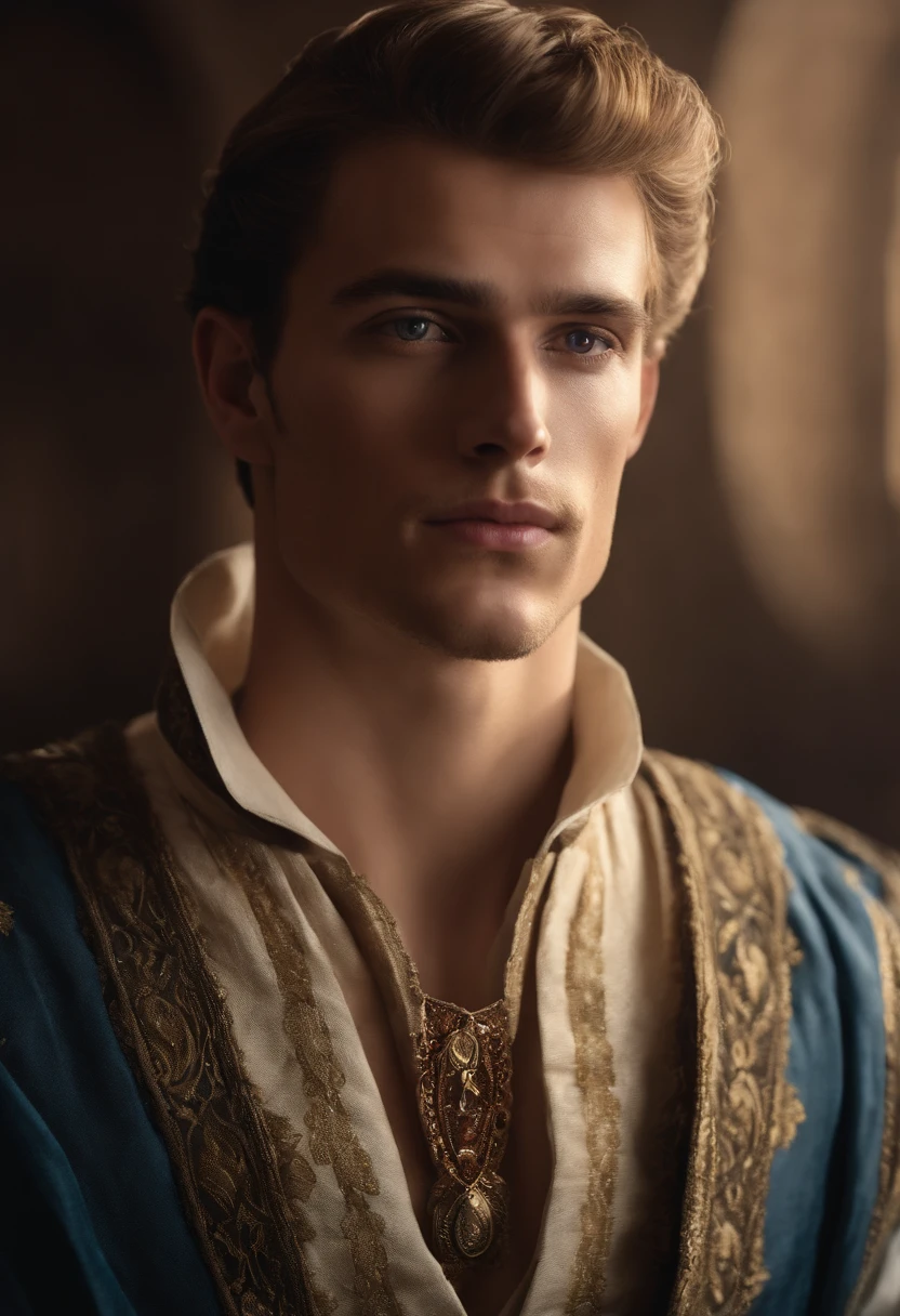 In those medieval times, we found a young British man of remarkable beauty. Her straight blond hair flowed softly down to her neck, creating a golden frame for her face. A shallow beard gave him an air of elegant masculinity, ready for a neat trim. His eyes were the purest shade of blue, reflecting the serenity of Britain's skies. Her thin, pink lips added a touch of delicacy to her imposing appearance. Her facial features were truly perfect, with a defined jawline that conveyed determination and confidence, and an Italian-style nose that added additional charm. Dressed in a white linen shirt that highlighted his complexion and leather trousers that denoted a touch of rusticity and practicality, he was the embodiment of the young British man of medieval times, a remarkable balance between elegance and strength. Cinematic realistic portrait, bonito rosto detalhado, rosto realista altamente detalhado, Rosto altamente detalhado de 8k, retrato de rosto detalhado realista, 8k portrait render, sharp high detail face, realistic face moody lighting, rosto realista detalhado, rosto realista humano, Retrato VFX altamente detalhado, rosto detalhado e realista, rosto realista e detalhado