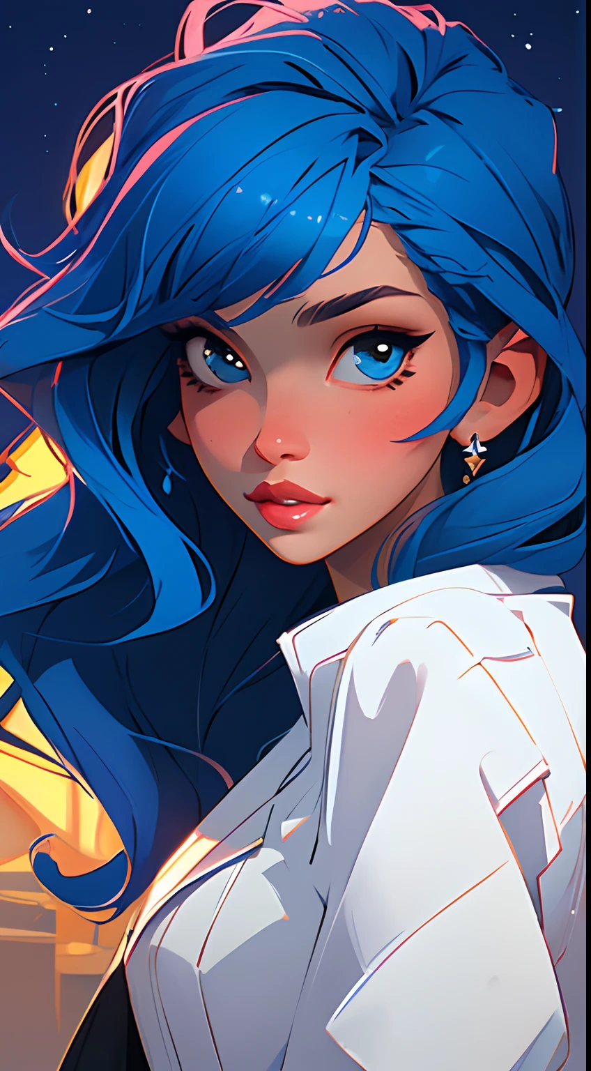 (Masterpiece:1.2), (Best Quality:1.2), night time, (looking a viewer), Bright skin, exteriors, fringe, long bright blue hair, (Wavy Hair), soft lips, glossy lips, Highly detailed, (semi-realistic:1.2), Flirting