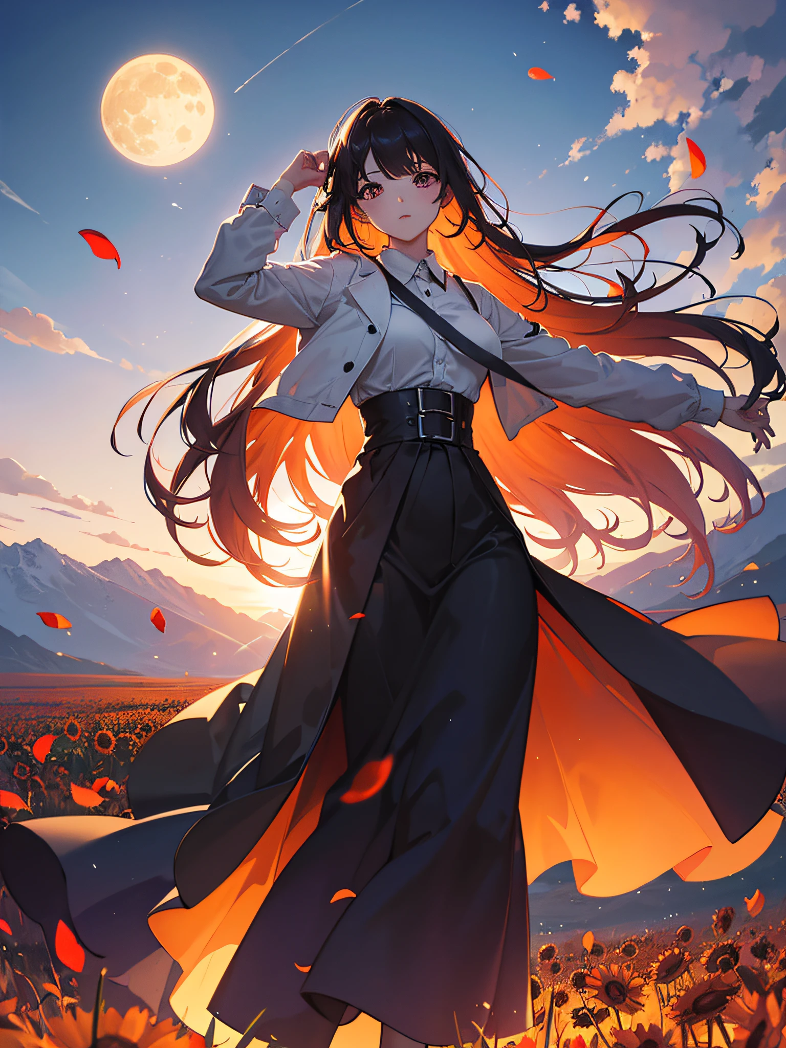a large field of scarlet sunflowers with petals being carried by the wind, (full moon: 1.4), Purple and orange clouds, trees in autumn, BREAK, girl looking at the sky, best color palettes, (ultra-realistic), {extremely detailed CG unit 8k wallpaper}, Expansive landscape photography, (a view from below that shows the sky above and focus on the landscape, expansive open field view), (low-angle shot), (high light: 1.7), ( low light: 1.5), (warm light source: 1.4), complex details, (Iridescent colors: 1.5), (bright lighting), (atmospheric lighting), dreamy, magical, landscape