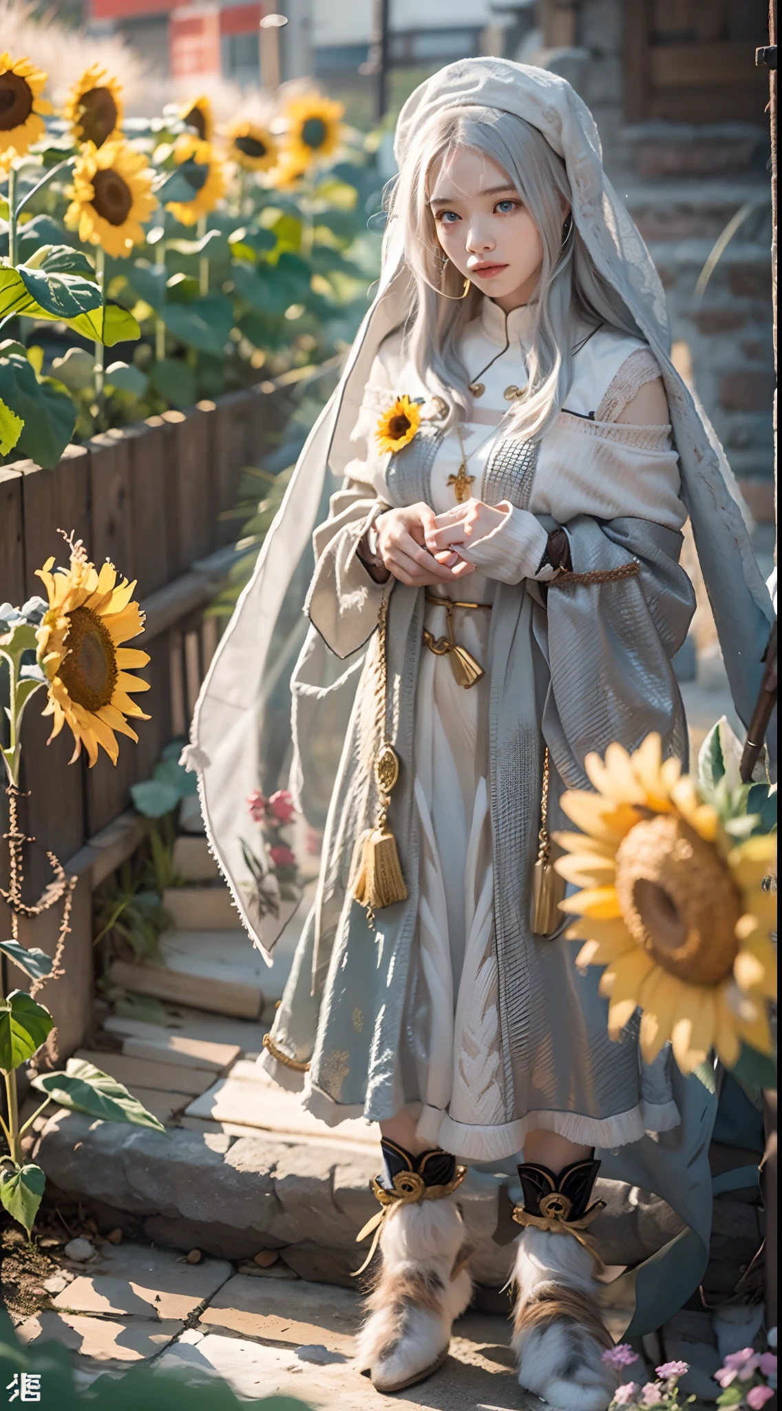 In a very grand scene,The extra-large wide-angle lens captures the appearance of a female centaur。She is a Sunflower Worship nun,Always opposed(Healing emoji smiley face of knitted sunflower puppet😊:99.99)DOA。She is tall,It has the ultimate curvy beauty,The muscles are slender and firm,Beautiful lines。She has(Super huge sky blue eyes:99.99)、always(Wearing sexy glasses:6.66)、(She wears solemn nun attire:9.9)、Stepping on a boot-style skyscraper-heel、A pink cross hangs on his chest。Use Midjourney's advanced tools,Designed for female centaurs(A knitted sunflower puppet and create a super healing cartoon smiley face in the center of the flower tray as a decoration:9.9),and noble and solemn nun costumes,and highlight her unique physiological characteristics and appearance details,Add realism。And in the context of her prayers and listening to confessions,Spectacular views of nature,Such as the sky where storms and sunny days alternate、Brilliant rivers of stars and auroras、The snow-capped summit of Mount Everest、Fireworks in the mountain town, etc。ao mesmo tempo,Away from the hustle and bustle next to the chapel,Create a fantastic scene。Use Midjourney's advanced tools and multiple color palettes、Brush Strokes、Texture tools and model packages,It shows a sense of atmosphere where beauty and charm coexist。The charm of the female centaur is highlighted through color and lines,Enhance realism with detailing,Create a surreal dreamy feeling。Additionally,Use Midjourney's tools to add various exorcism props and books to the female centaur、pergaminhos,Create intricate hairstyles and outfits,Give her a sense of premium。She never flinches,No matter what monster you encounter,can respond quickly,Even the most extreme armies of natural disasters and monsters could not stop her and her front(Sunflower with Tyndall effect that emits sunlight9.99)。Use Midjourney's powerful tools,You can do it with incredible detail and beauty,Bring this ultra-grand and beautiful scene to life。Ultra-grand sc
