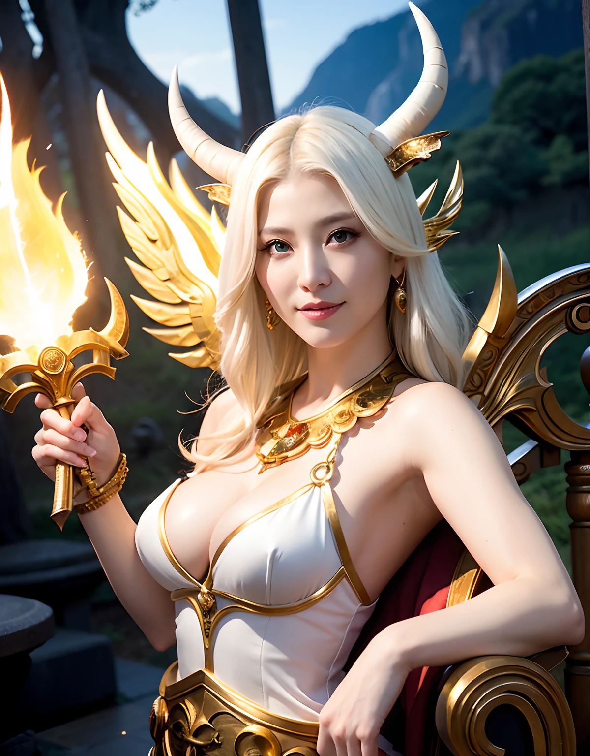 Professional , ​masterpiece、top-quality、photos realistic , depth of fields 、Idle Smile、（White Gemstone Body:1.2),(Matte white with gold pattern、Mystical expression、（cleavage of the breast）、Jewel Gold Weapon、Particles of light),Gorgeous gold weapons ,（（ Dragon dense and gorgeous dragon sword）） , （demonic wings）   ,warhammer 40k 、（（White hair））、（Castle background）、（demonic wings）、（（Gangle's forest background））、Beautiful Caucasian beauty、１a person、dynamic ungle,(((Two devil's horns on the head)))、Smaller head、Idle Smile、Thin and beautiful female hands、cleavage of the breast、Mystical expression、Light Effects、intense fighting、Wind-effect、magic circles、With the legendary magic wand、Dragon's tail、