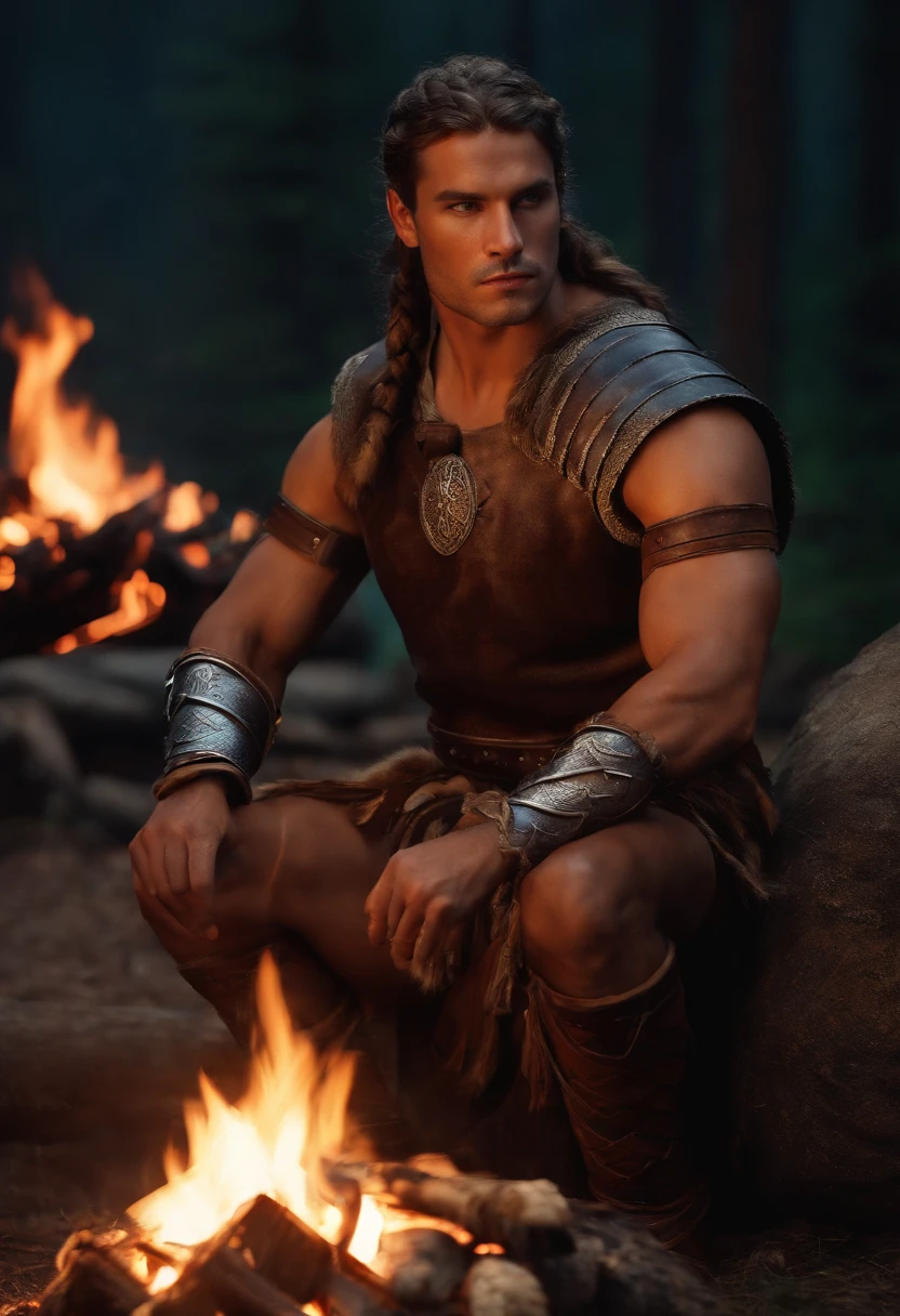 masculine warrior male sitting around the campfire, braided hair, wears breastplate, barbarian, 1440p realistic