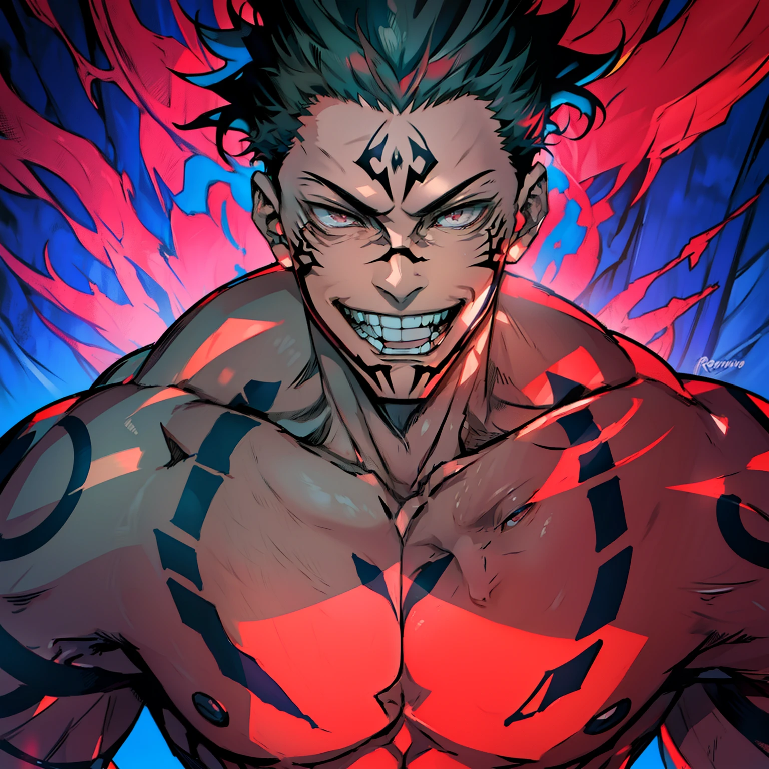 (obra prima, melhor qualidade:1.2) ryomen sukuna (jujutsu kaisen), ryomen, sukuna, homem, solo, 4k, alta resolução, rosto detalhado, tatuagem na face, cinematic lighthing, badass, rosto sorridente, sorriso macabro