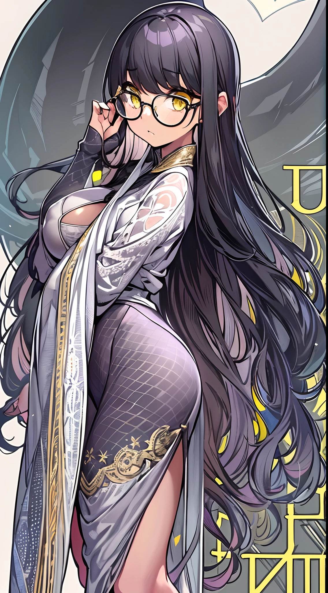 masterpiece,(bestquality),highlydetailed,ultra-detailed,{black hair} (long whitr hair)(Lateral hair)(Shawl hair)(hair straight)，By bangs,(glasses),(Yellow eyes),fleshy feeling，fleshy legs,Bigboobs