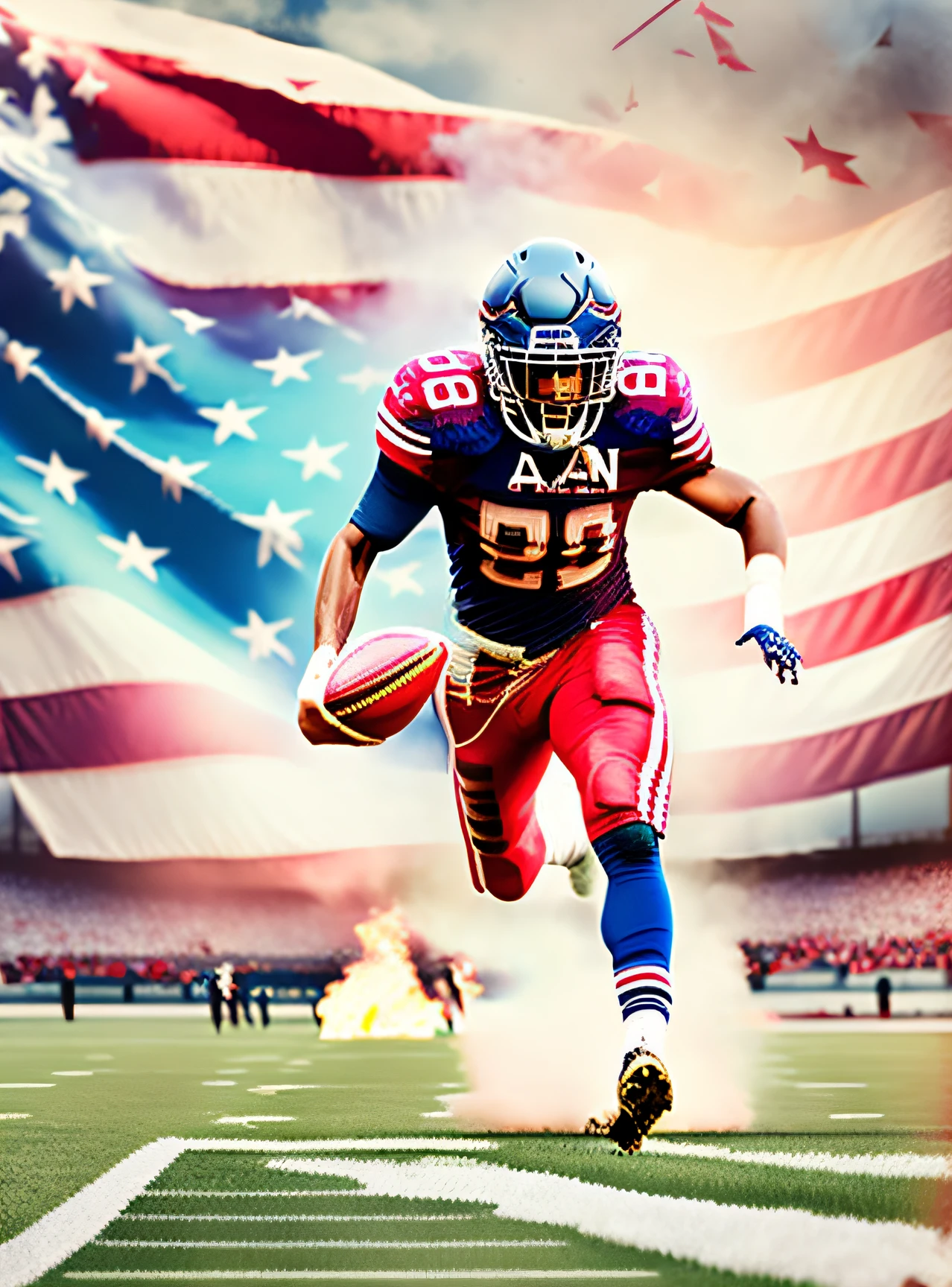 An American player in his uniform running across the stadium lawn with a flaming American football in his hands toward the high-detail American flag, Realistic image.