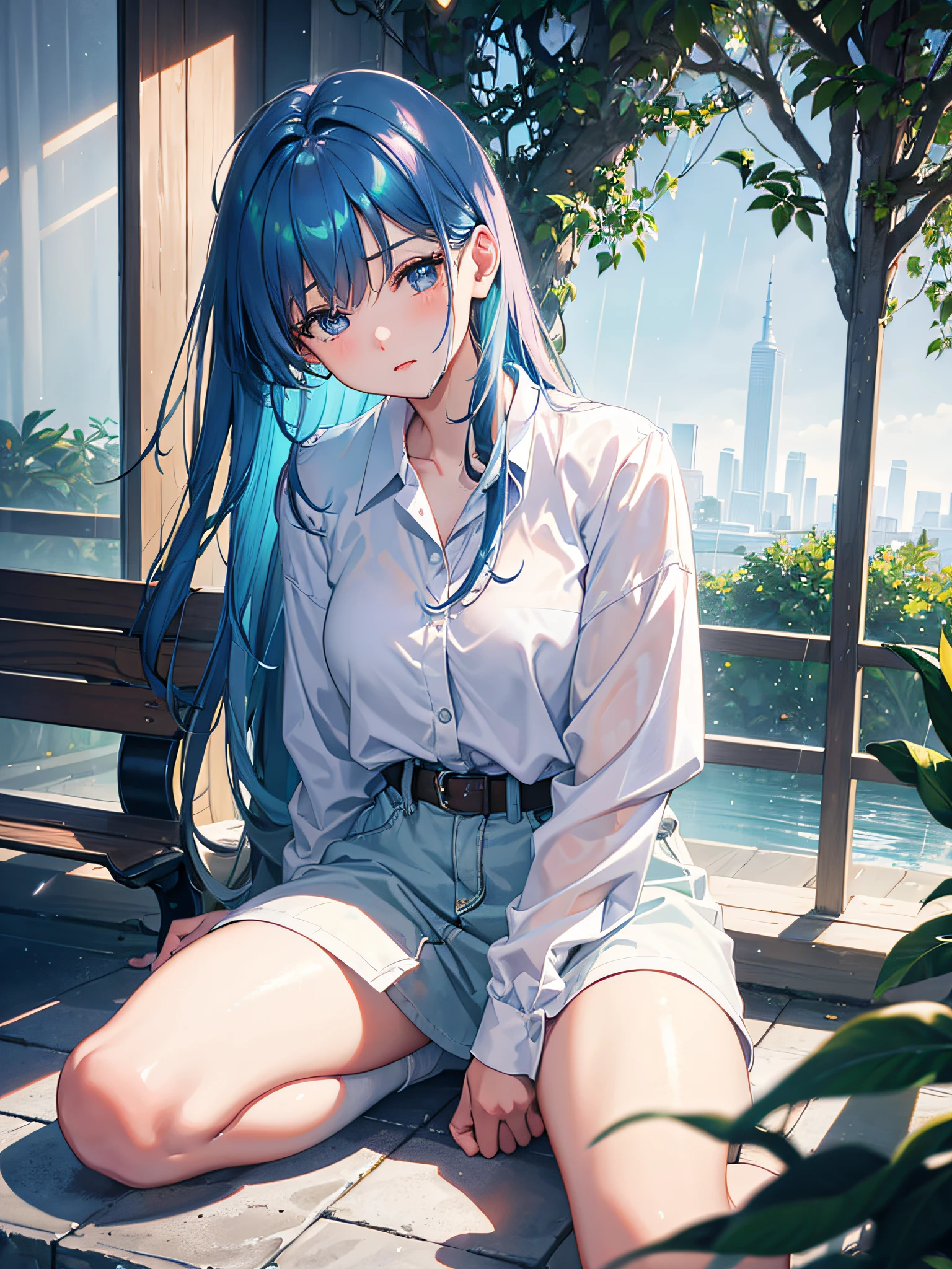 (masterpiece, best quality:1.2), 1 girl, slippers, alone, blue_Eye, sitting, Smile, window, watching_exist_audience, leave_Shoulder, white_shirt, blue_hair, white_sock, closure_Mouth, Bangs, loose_sock, exist室内, knee_Together_foot_separate, only_Shoulders, night, full_Body, short_sleeve, rain, only_leg, wexister_reduce, Very_long_hair