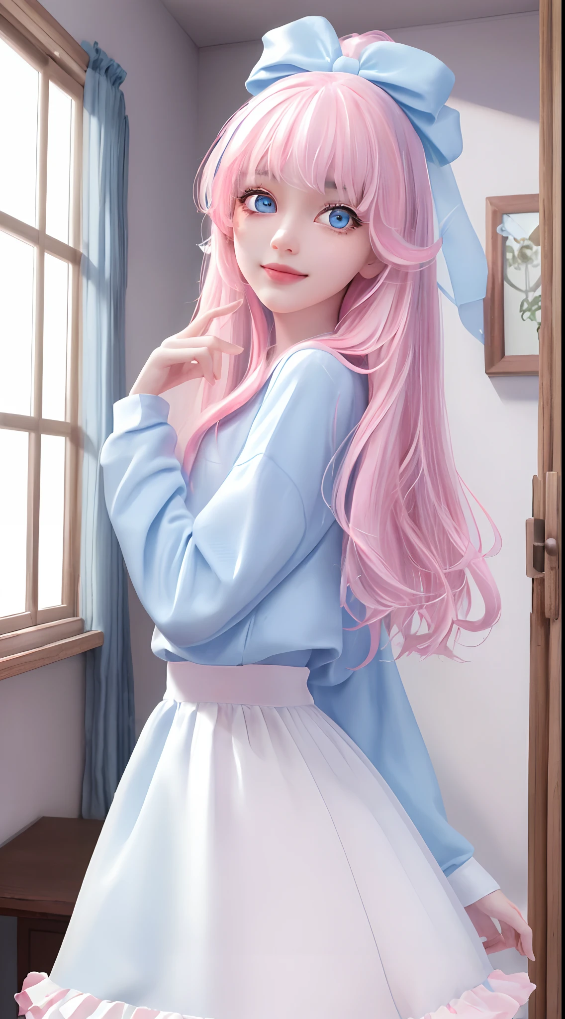 (masterpiece、top-quality)、1 beutiful girl、A smile、Slim body、(Black and white plain clothes:1.1)、(Detailed beautiful eyes)、Bedroom、in a house、((Pink longhair))、a small face、tall、((Light blue eyes))、kawaii pose