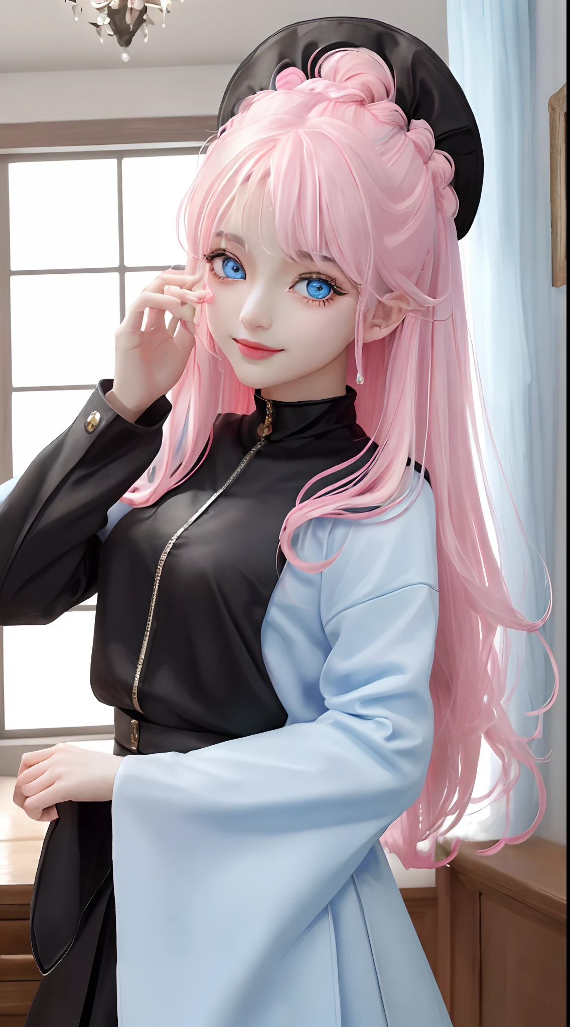 (masterpiece、top-quality)、1 beutiful girl、A smile、Slim body、(Black and white plain clothes:1.1)、(Detailed beautiful eyes)、Bedroom、in a house、((Pink longhair))、a small face、tall、((Light blue eyes))、kawaii pose