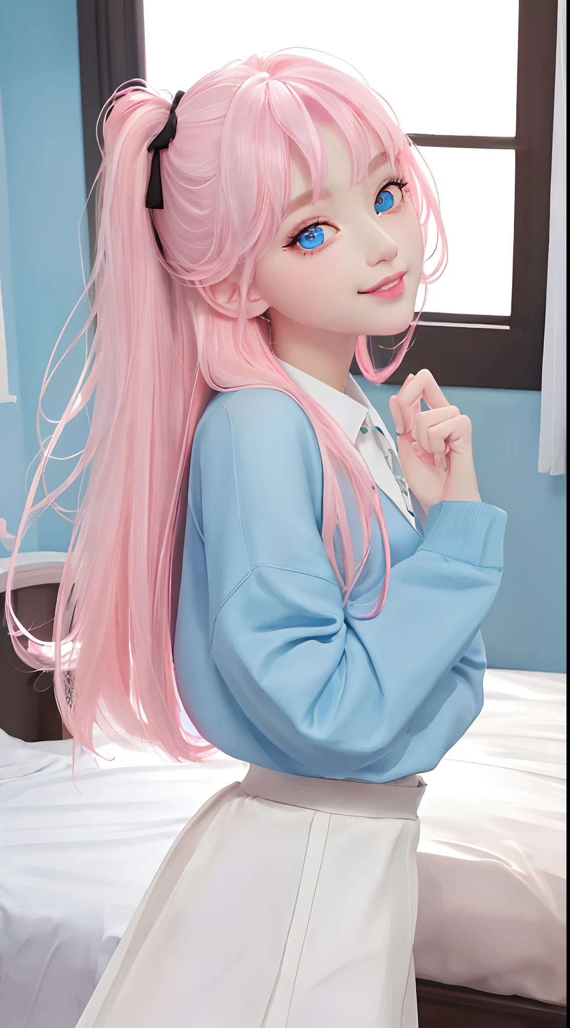 (masterpiece、top-quality)、1 beutiful girl、A smile、Slim body、(Black and white plain clothes:1.1)、(Detailed beautiful eyes)、Bedroom、in a house、((Pink longhair))、a small face、tall、((Light blue eyes))、kawaii pose