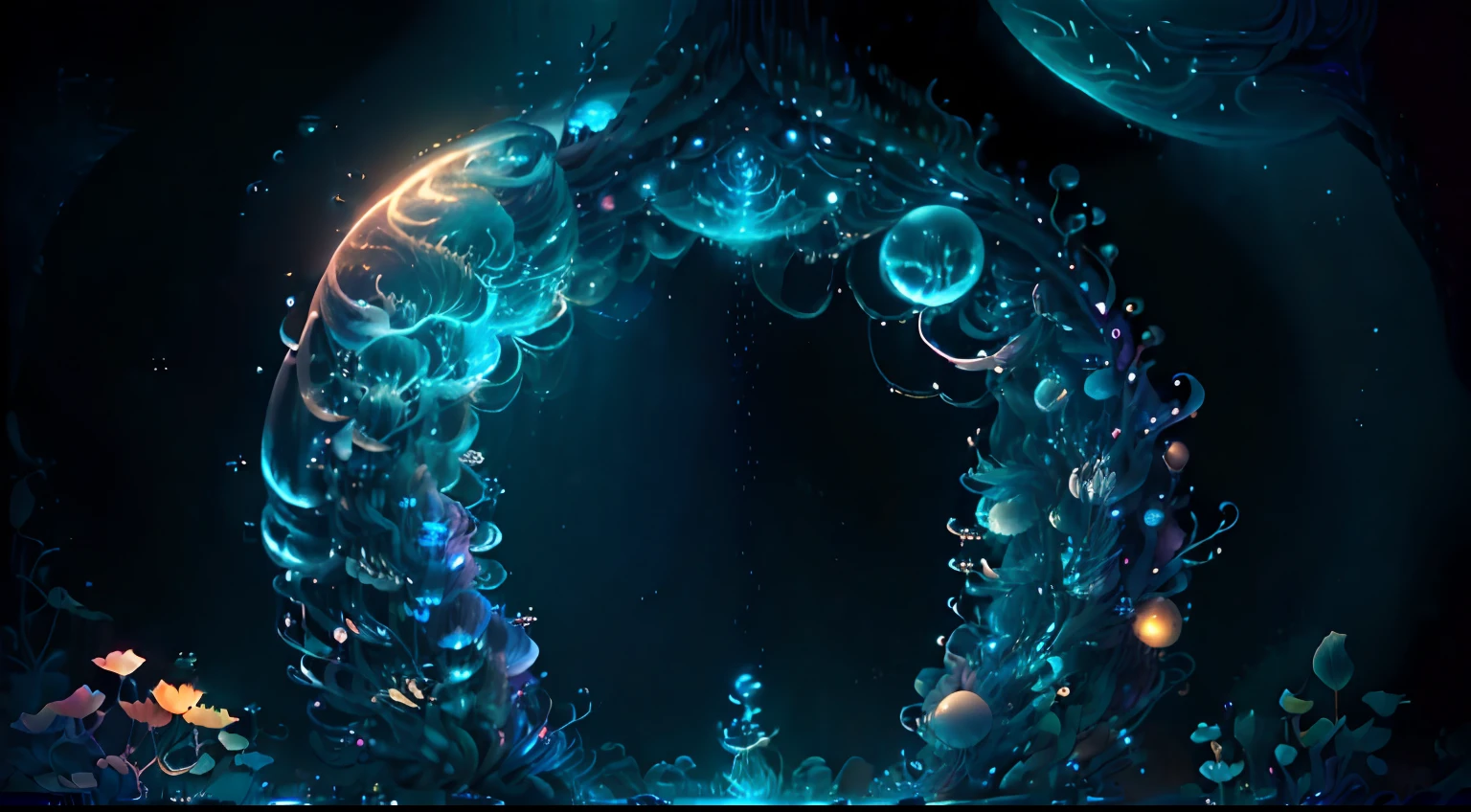 medusas bioluminiscentes flotando en la profundidad del oceano, llevadas por la corriente. Colores fluidos, translucidos , fosforescentes, de colores brillantes, colores radiantes, psicodelicos,iluminan el entorno oscuro con su fosforescencia, sensacion de movimientos fluidos , arremolinados, movimiento de los tentaculos de acuerdo al arte de los fluidos en movimientoobra maestra, Beautiful psychedelic entropy