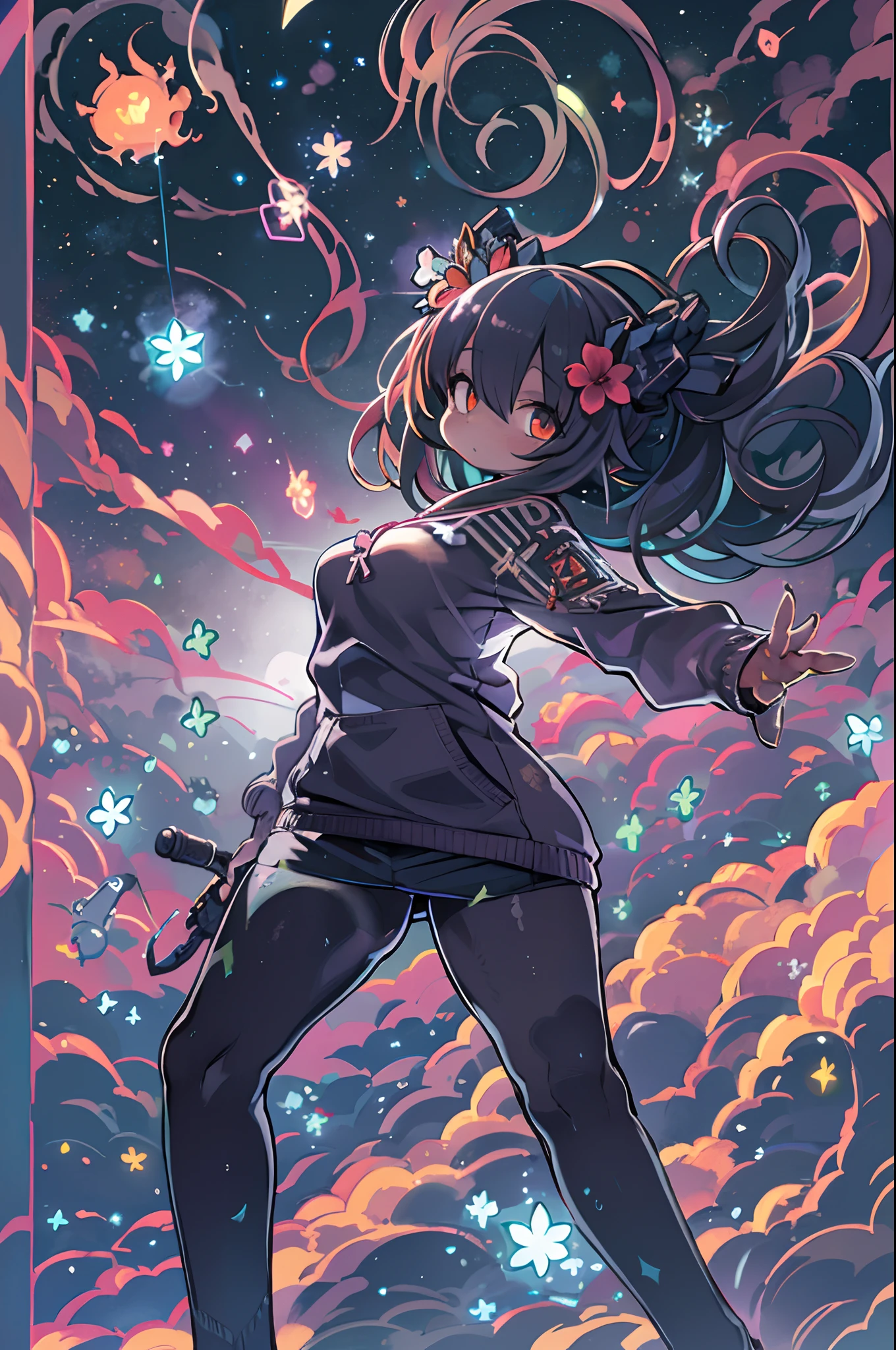 (Best Quality, masutepiece), 1girl in, Pose, Particle, Wind, flower, Upper body, Simple background, Looking at Viewer, Black rowdy hair, cosmic, nebulas, Galaxy