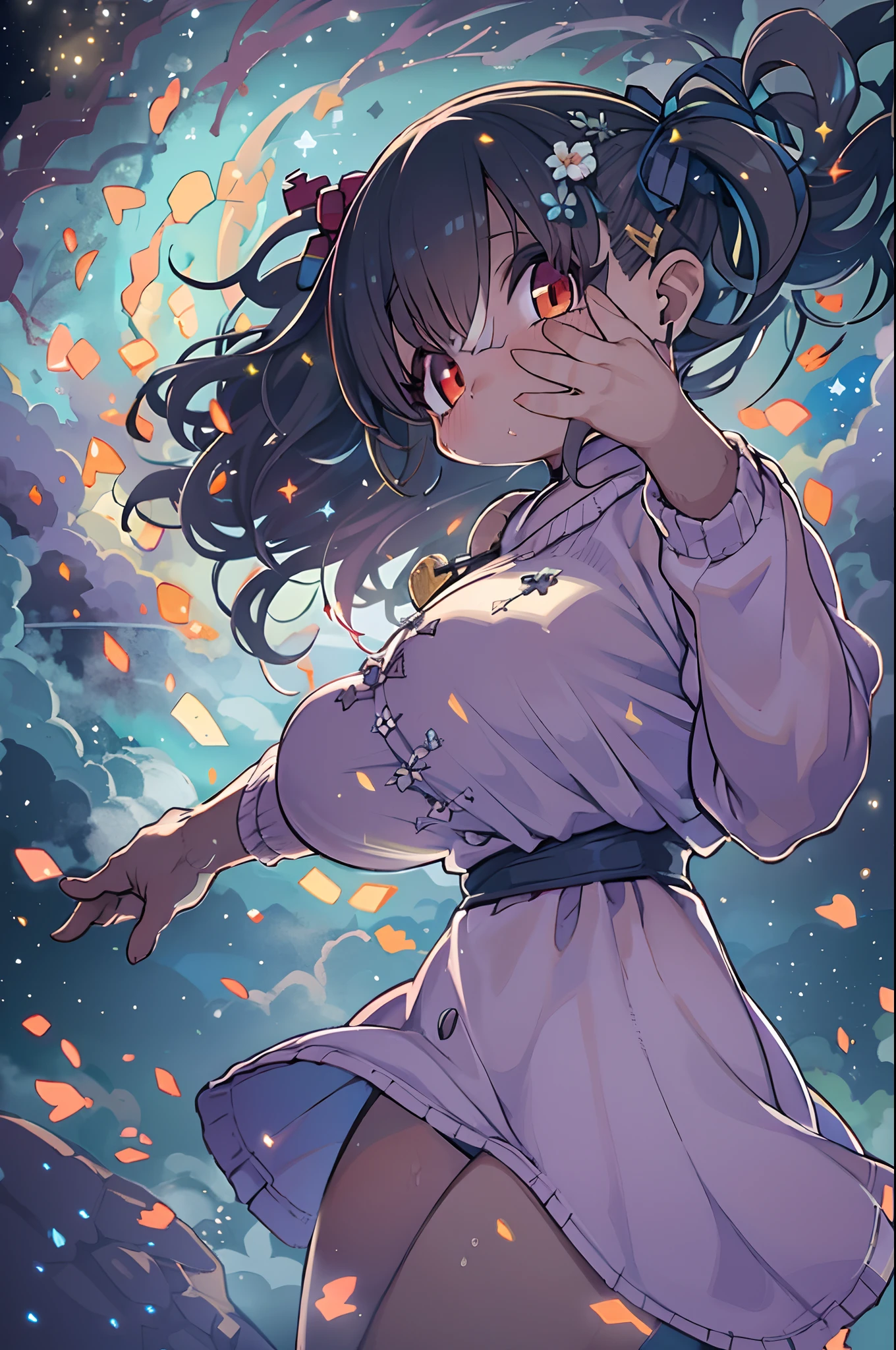 (Best Quality, masutepiece), 1girl in, Pose, Particle, Wind, flower, Upper body, Simple background, Looking at Viewer, Black rowdy hair, cosmic, nebulas, Galaxy