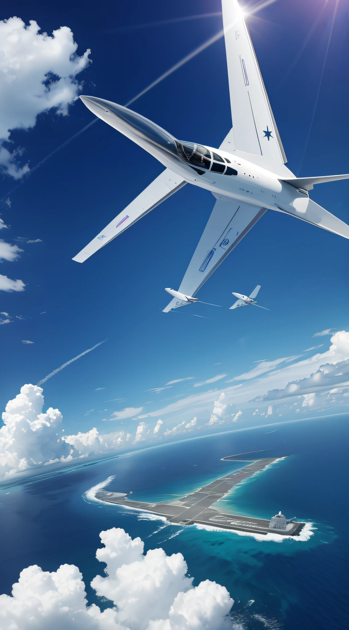 Generate an image of a modern aircraft vanishing into thin air above the Bermuda Triangle