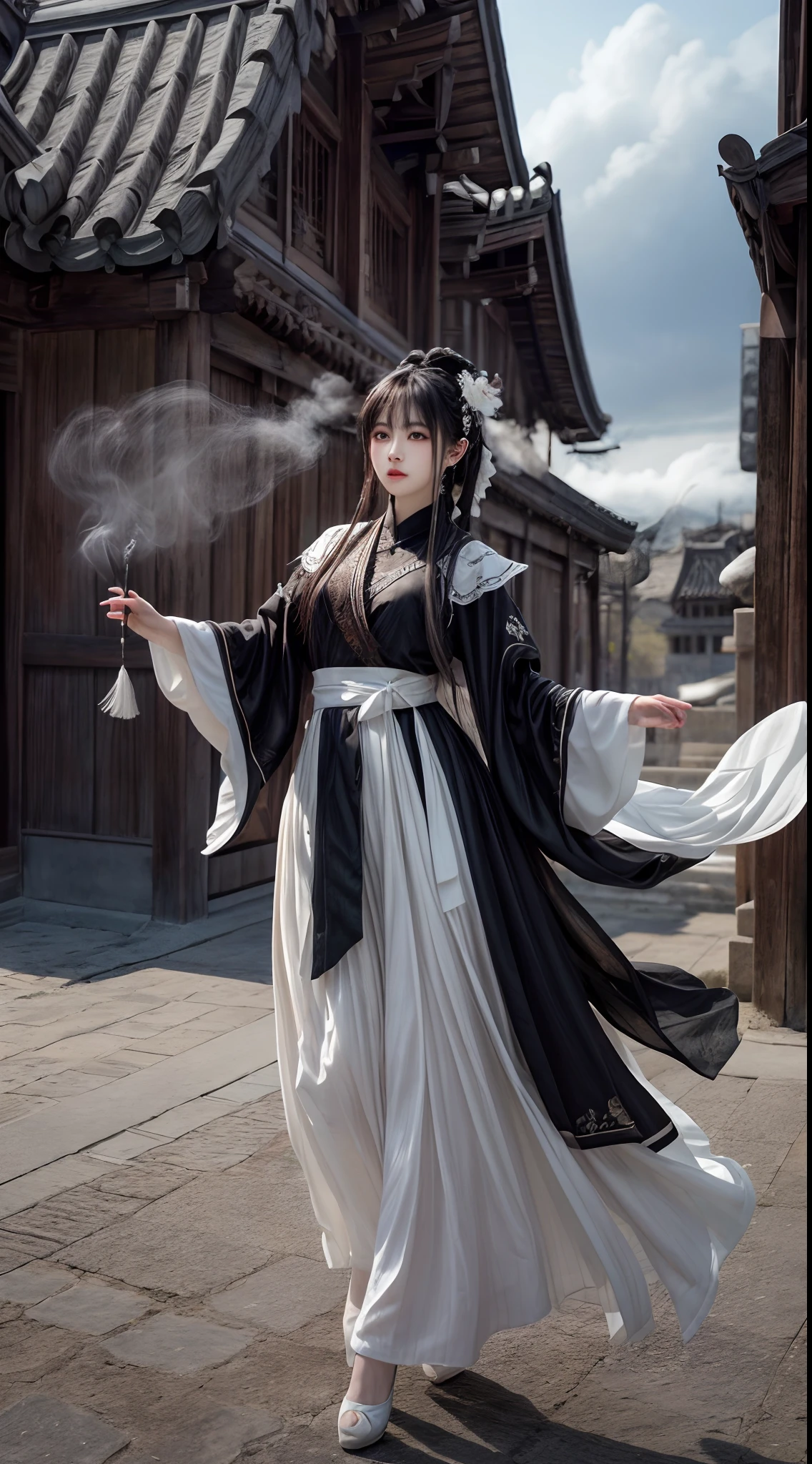 (Best quality,4K,high resolution,Masterpiece:1.2), Ultra-detailed, Photorealistic, Black and white hanfu with black embroidery, Elegant white ponytail, long and flowing hair, White mask, The mask flutters in the wind, Fringed Hair Ornament, Peony flower, Ancient wind, oversized sleeves, Dynamic posing, Dramatic composition, Falling petals, red waistband, intricate background, Ancient architecture, A thin mist and thick clouds, Swirling clouds, Cinematic lighting, Complex feather background.