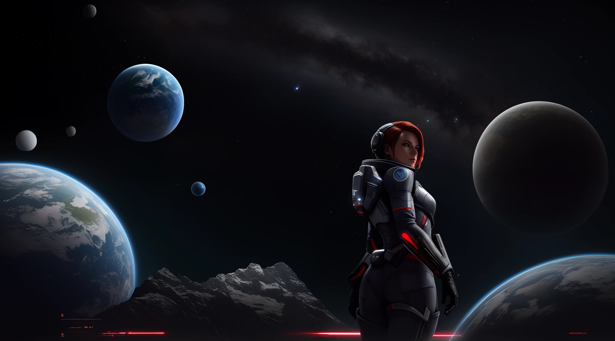 Raumschiffe und Planeten im Hintergrund mit einer Frau im Raumanzug, Mass Effect Fantasy, Kommandant Shepard, femshep, Von Mass Effect inspiriert, Mass Effect-Stil, HQ 4K Hintergrundbild, HQ 4k Handy Hintergrundbild, Hintergrundbild 4 K, Hintergrundbild 4k, hd hintergrundbild, Erstaunliche Tapete, Mass Effect-Konzeptzeichnungen, Girl in space, inspiriert von Eve Ryder,atmospheric perspective, raytracing, Reflexionslicht, Spacewar, Spacebattleships, cute female pilot, hot black spacesuit, 16k,best quality, Meisterwerk, awards winning, best quality, hight resolution, 16k, 8K