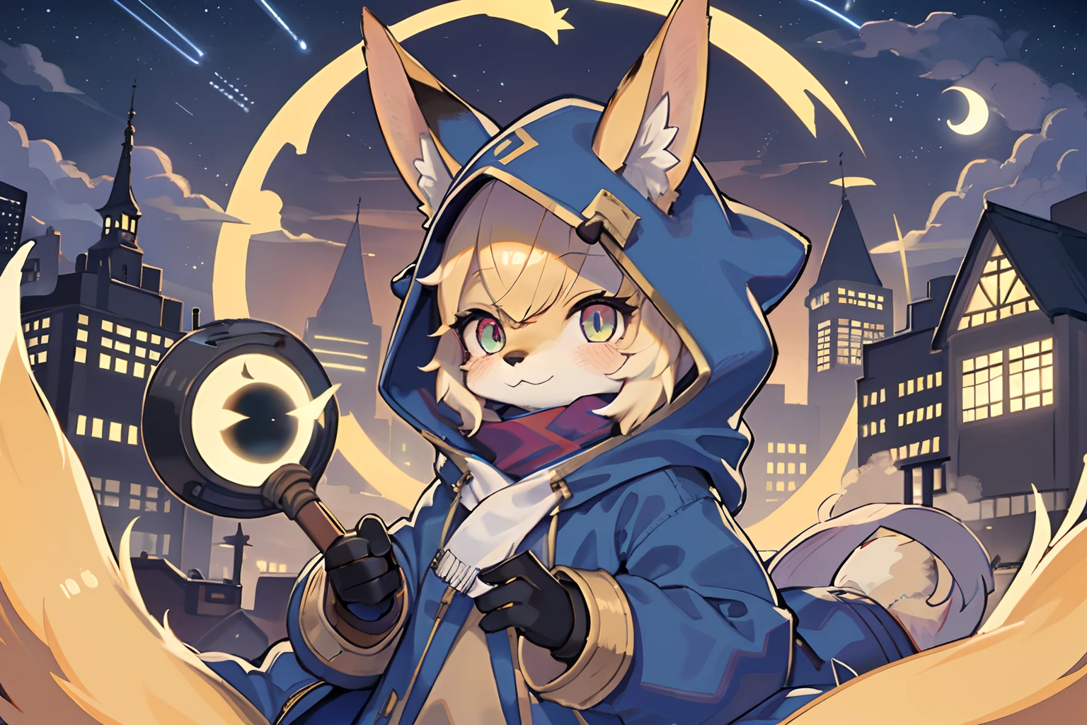 Fox Boy,Shota,hairy pubic,shaggy,Smoothes lashes,Skin fur,Golden fur, solid circle eyes,Golden ears,Golden face fur ,violet eyes,Super cute face,Brown elements on fur,blue coat hood up,Star pattern T,Glowing eyes,Ambient light,Ultra-fine fur,volumettic light,Night,natural lightting,fox tails,two black tail,nevando,Night,A sky full of stars,meteors,full moon,cloud, city,star eyes,35mm。High quality, high detal, Best quality, hyper HD, Dark brown gloves,(Star pattern scarf),individual,Single, royalty, blue, white, ((horn))