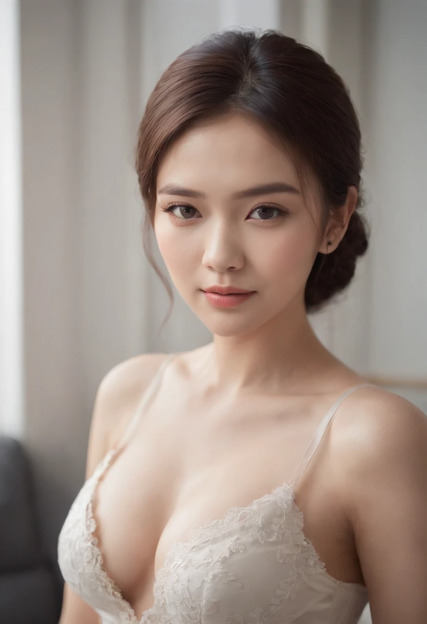 gravure, from the chest up, masutepiece, Best Quality, Ultra-detailed, Photorealistic, super detailed skin, Perfect Anatomy, (1 indonesian young woman), (Solo), 23years old, Large breasts, Mature Woman Politician, glamor, A sexy, Chromo-white skin, Looking at Viewer