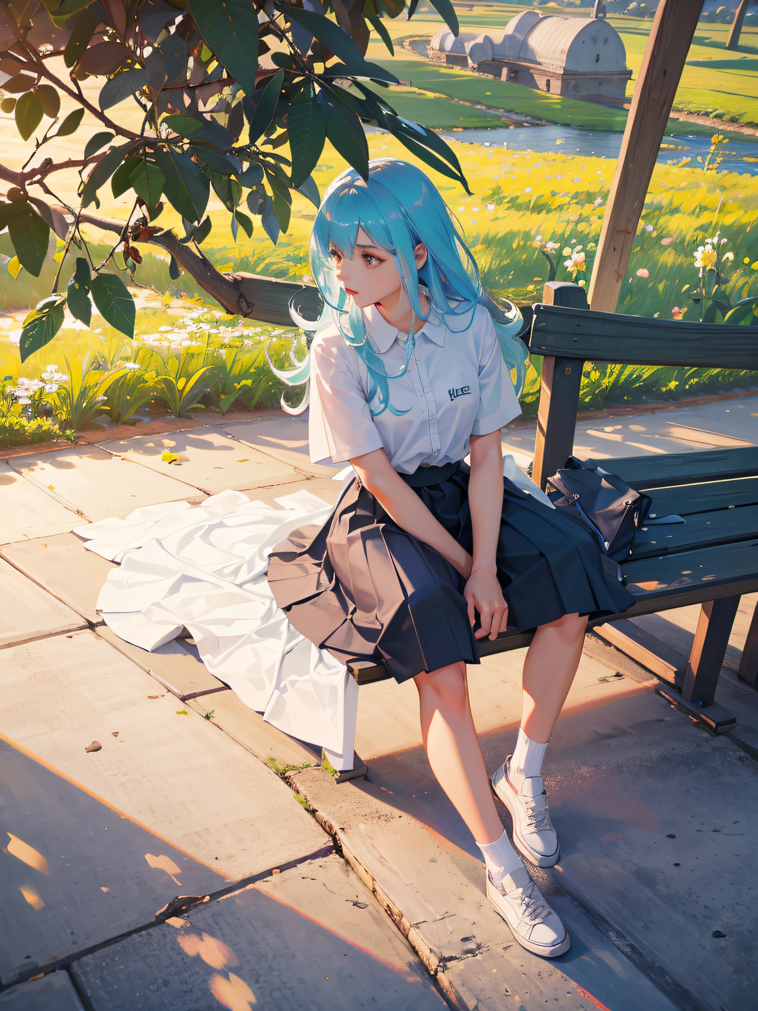 Girl sitting on the bench with drag socks, tenis vans, camisa branca larga decotada, cabelos lisos, labios avantajados e rosados e babando pela boca, BREAK, chuva caindo, ambiente leve, (ultra-realistic), {extremamente detalhado CG unidade 8k papel de parede}, Fotografia de paisagem expansiva, (uma vista centralizada que mostre o personagem em como foco na paisagem, expansive open field view), (low-angle shot), (luz alta: 1.5), (luz baixa: 1.0), (fonte de luz quente: 1.5), detalhes complexos, (Cores iridescentes: 1.5), (bright illumination), (amospheric lighting), sedutor, sensual, delicado