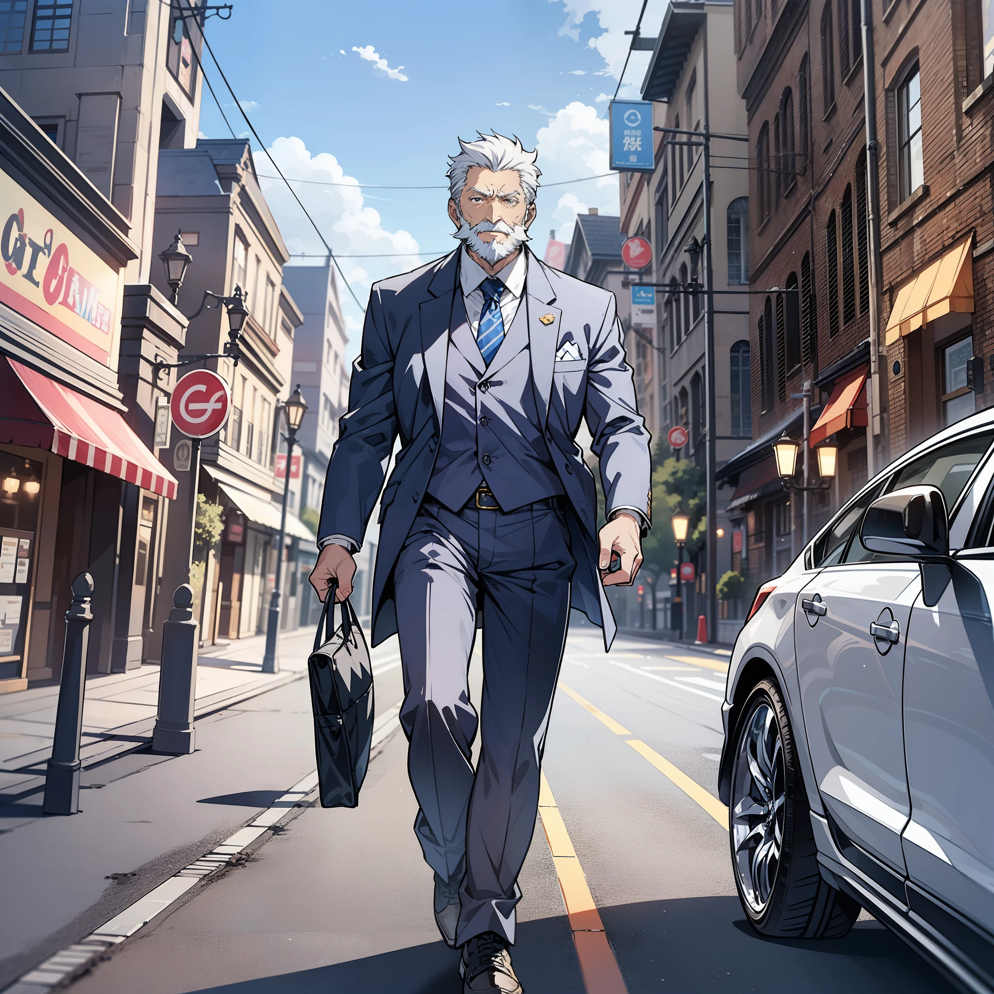 60 years old anime gray hair old man，White beard 1.5，Wearing a blue suit，Stand next to the luxury car on the street（smile1.5）（Walking action 1.5）（The background is on the street of the town：1.5），Anime style 4K，Anime rendering，style of anime，8K fineness，（Upper body display：1.5）（Cinematic lighting：1.5）（Old Man 1.