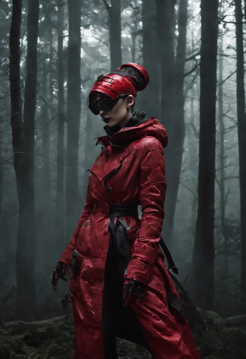 cyberpunk, red, motion, surrealist, darkness, dark fantasy, dramatic light, by Aitor Throup, on foggy forest