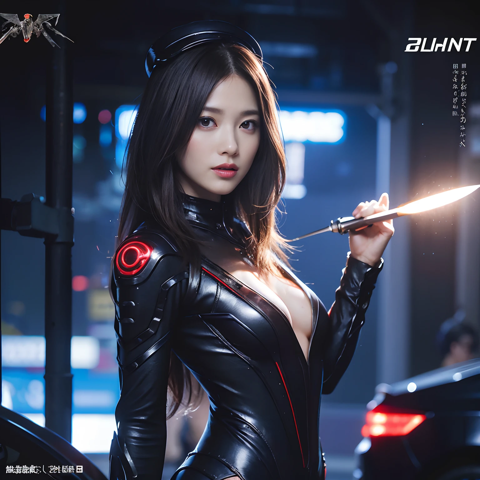 (Part of the skin is a computer)、top-quality、masterpiece、超A high resolution、(With a futuristic machine gun、holding knive),(Wearing a futuristic hat)、(Photorealsitic:1.4)、Raw photo、1人、Black hair、glowy skin、((1 Mechanical Girl))、((super realistic details))、portlate、(Mystical expression)、explosions、Particles of light、(Small LED lamp)、Wire tubes that glow all over the body、(With state-of-the-art weapons),globalillumination、Shadow、octan render、8K、Armpit、ultrasharp、Colossal tits、Small LED lamp、Raw skin is exposed in cleavage、metals、blood vessels connected to tubes、With weapons、Red bodysuit、Armpit、Cyberpunk city background、Details of complex ornaments、Japan details、highly intricate detail、Realistic light、CGSoation Trends、Blue eyes、radiant eyes、Facing the camera、neon details、(Tattoo numbers on the face)、Mechanical limbs、blood vessels connected to tubes、Mechanical vertebrae attached to the back、mechanical cervical attaching to neck、Wires and cables connecting to the head、Gundam、Small LED lamp、Toostock、Toostock、Futuristic machine gun、Knives、(White Metallic Bodysuit),(Futuristic motorcycle background)、
