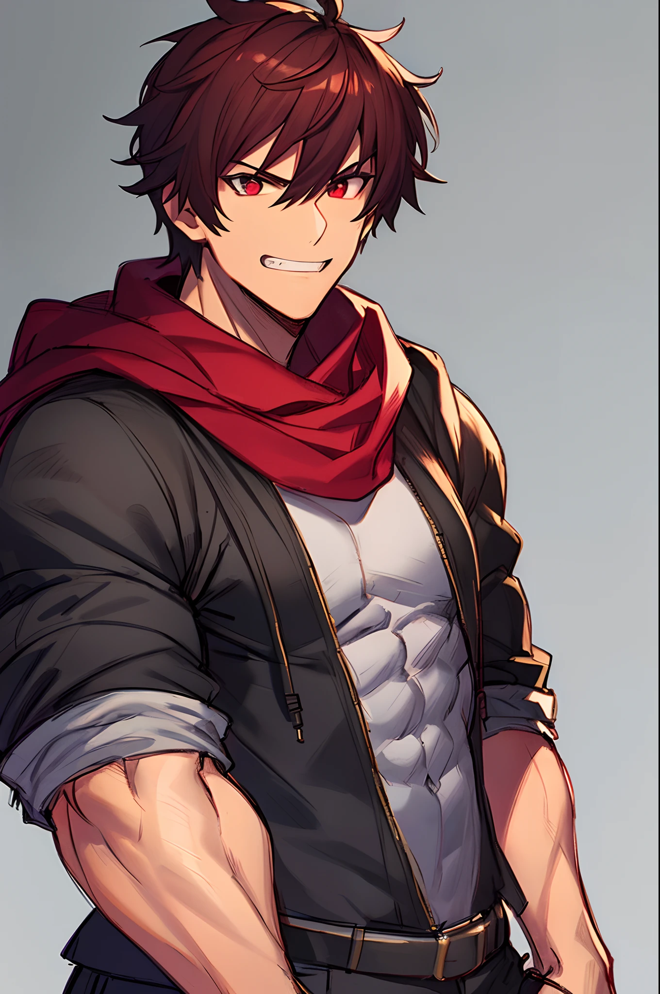 ((cargo pants)), ((open hoodie)), grin, dark skin, red hair, red eyes, ((scarf)), ((red colored eyes)), ((muscular male)), ((muscular body)), ((muscular arms)), ((short hair)), ((mature male)), ((wild hairstyle)), ((complementary colors)), ((cocky expression)), 1boy, beautifully drawn, high resolution illustration, best quality, High definition, ((detailed anime sketch)), Masterpiece, (solo), absurdres, portrait, detailed background, fine detail, male focus, HDR, ((fullbody)),